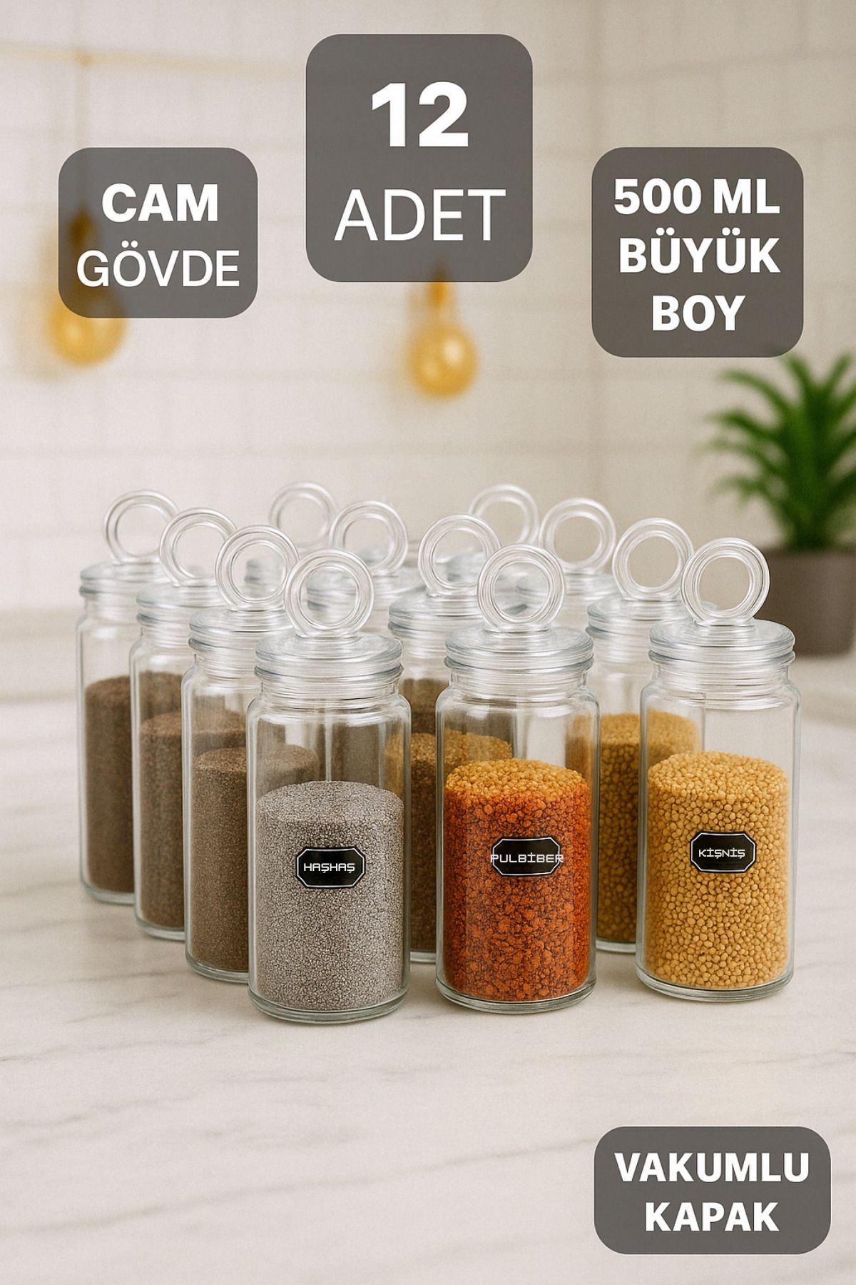 Denizcan Home 12 Adet Vakum Halka Kapaklı Büyük Boy Cam Baharatlık Seti 500 ML