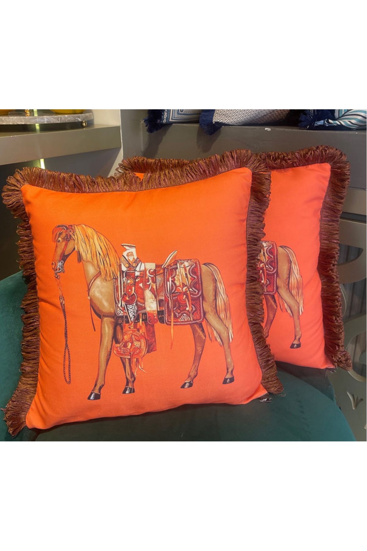tuan design At Desenli Yastık Turuncu Kahve