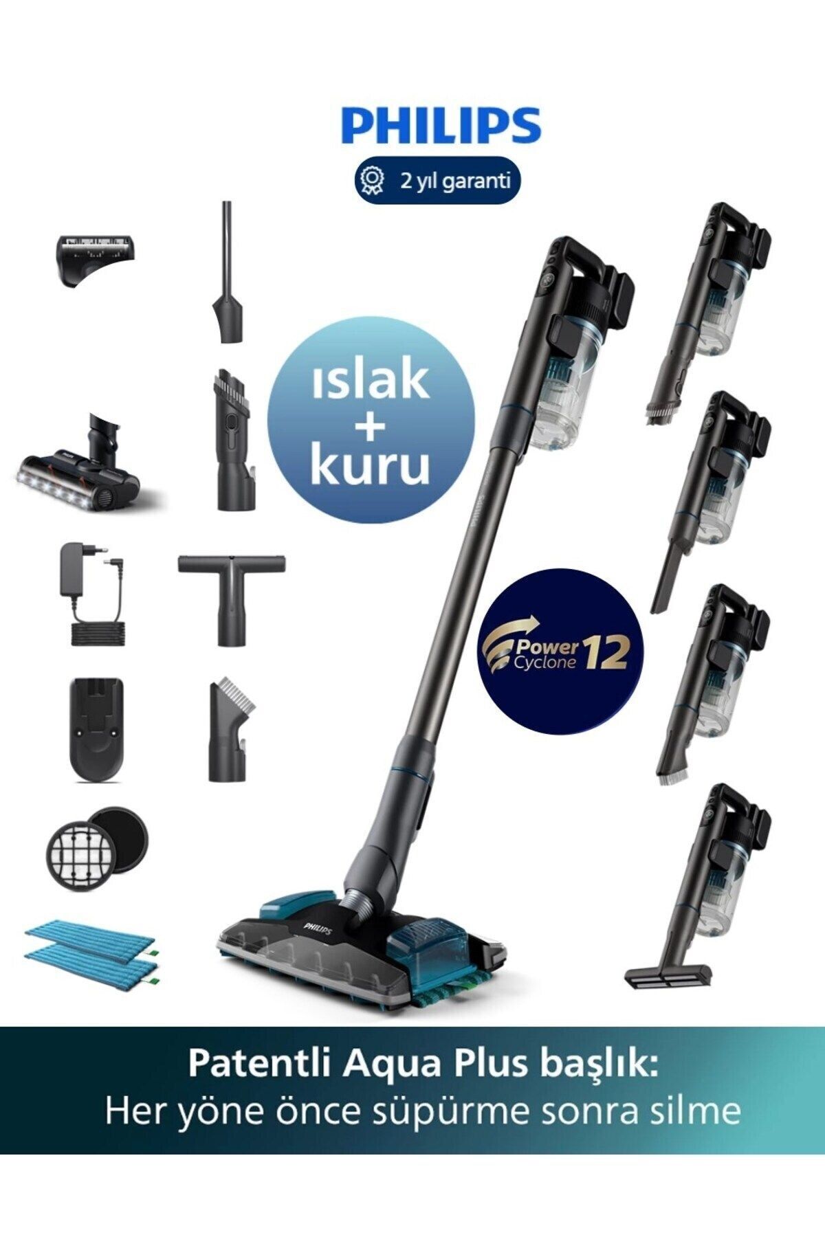 Philips 10 YIL Motor Garantisi Islak Ve Kuru Temizlik, Güçlü Emiş, Çift Batarya 160 Dk Kullanım