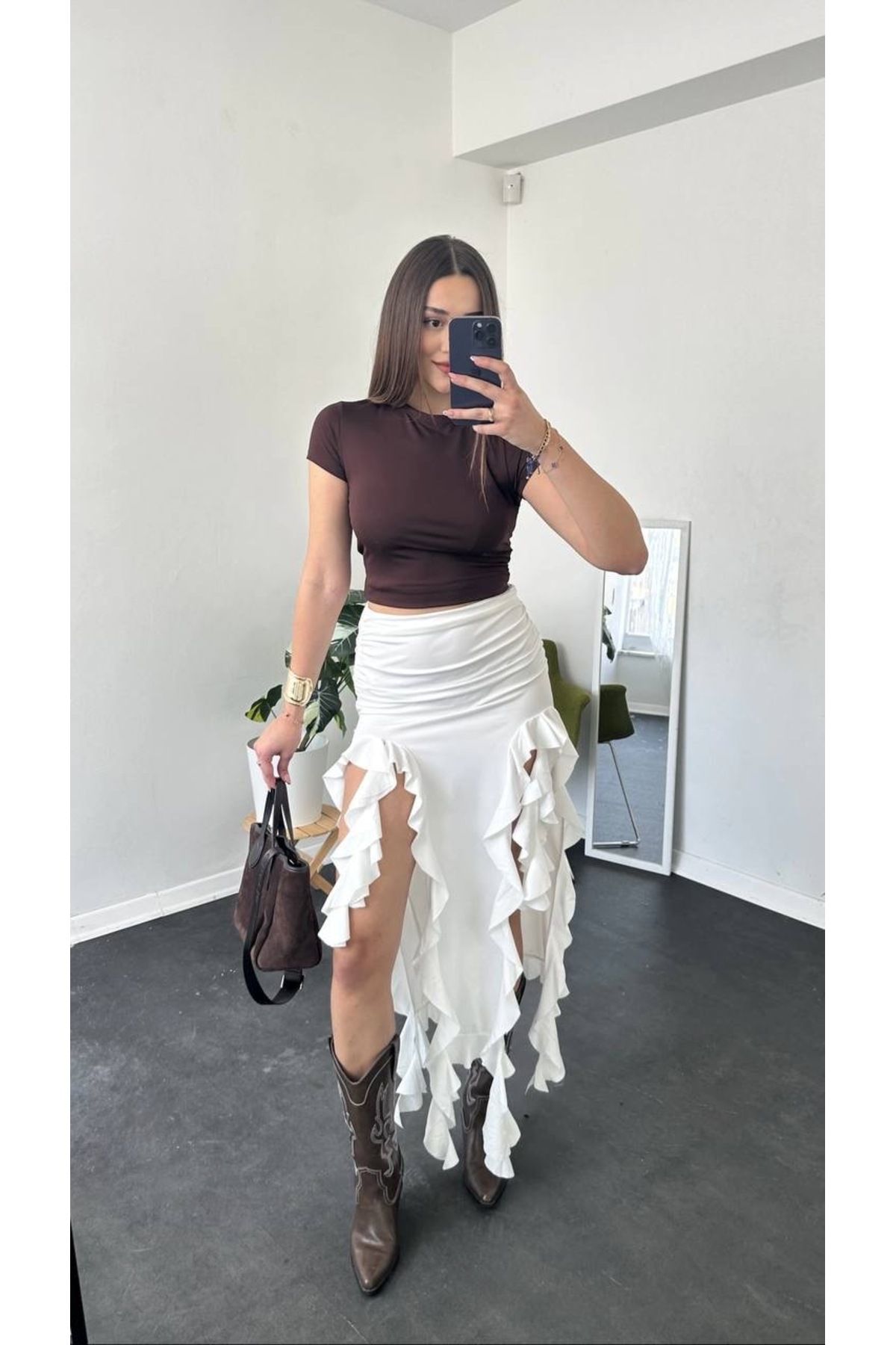 Sudelim butik Fırfır yırtmaçlı uzun etek