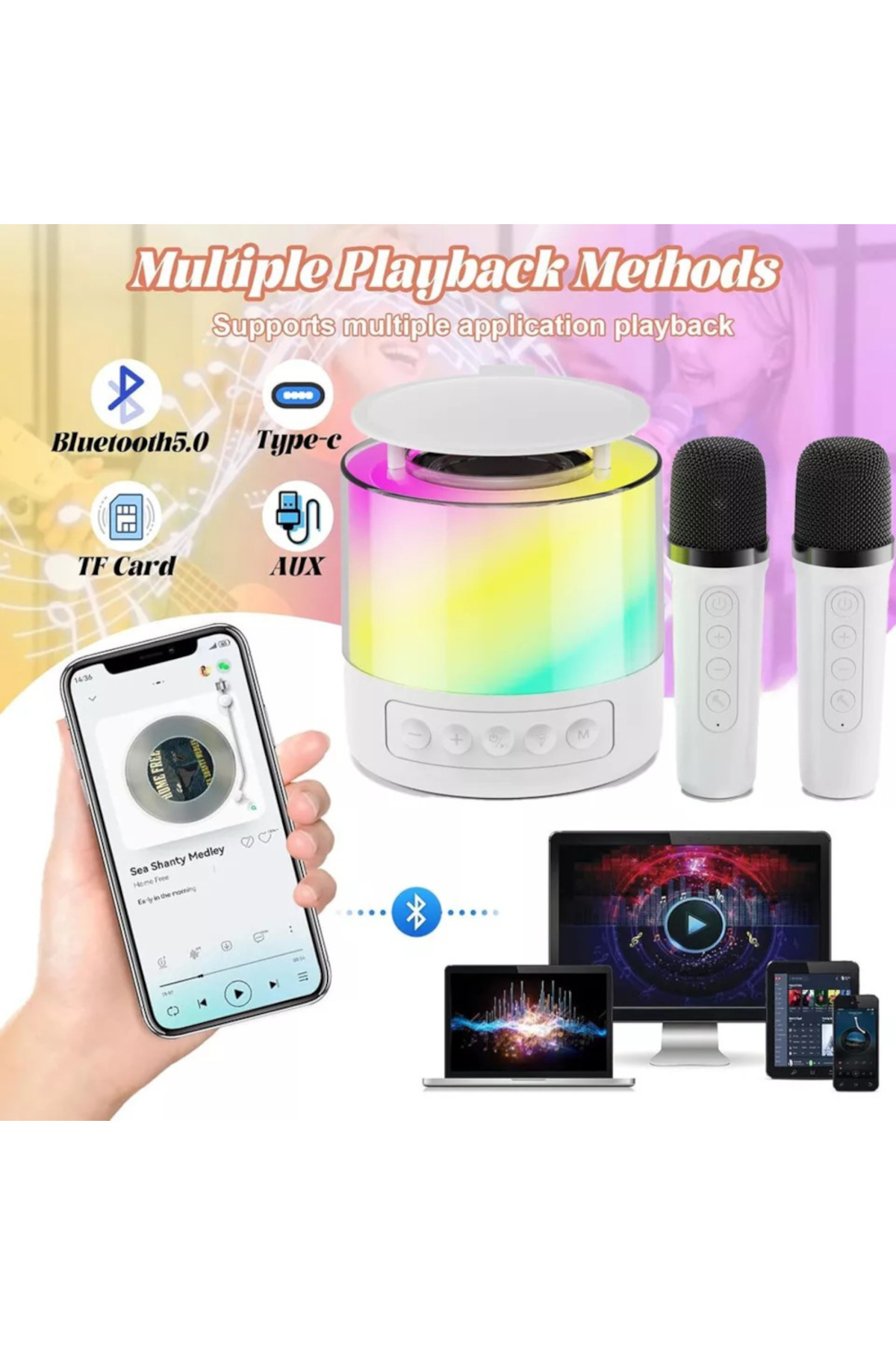 ABYZ-Speaker Set With 2 Microphones, Portable, With Rgb Effects, Round, Karaoke For Kids, Wireless, White 4