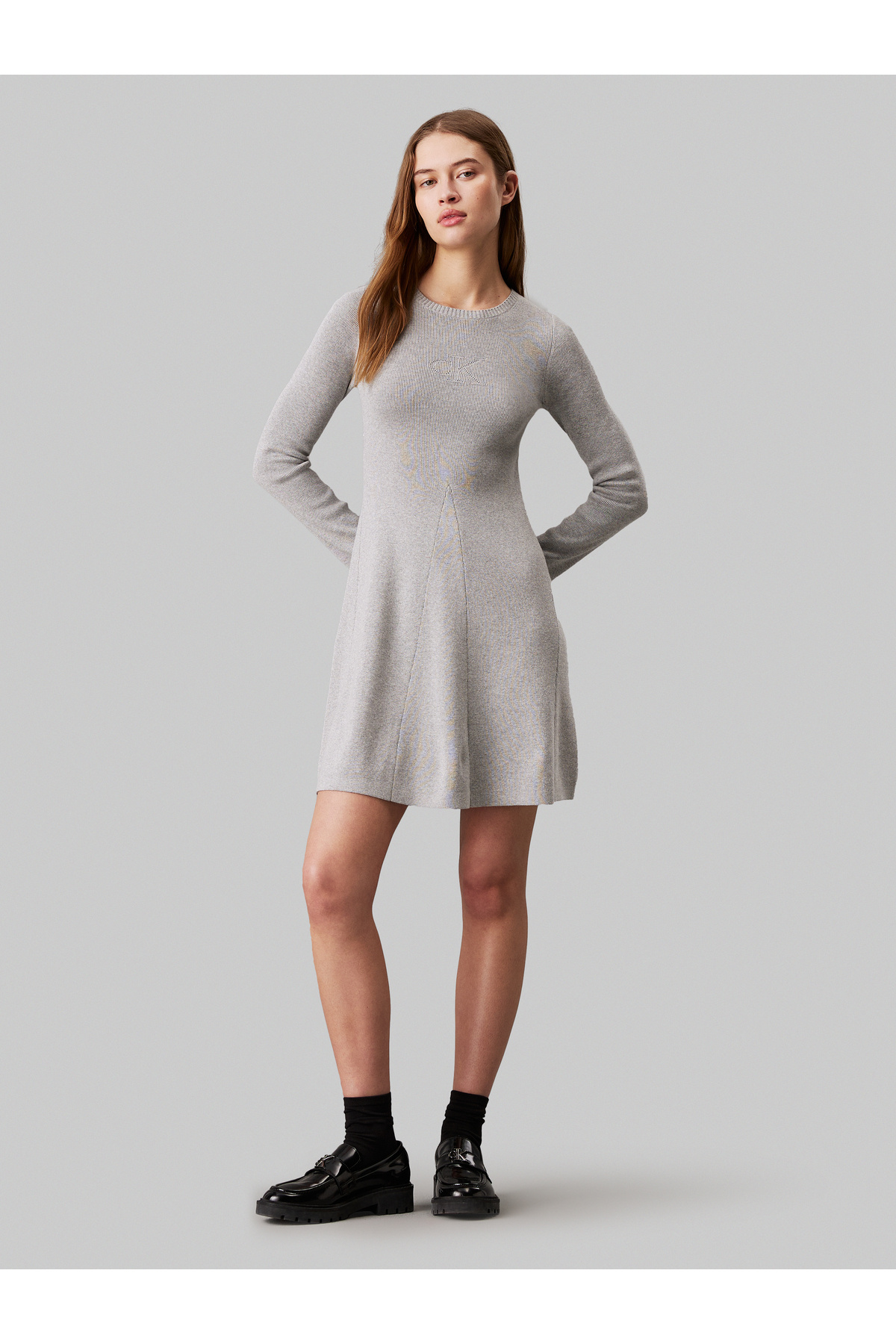 Calvin Klein-Women Grey Heather Ribbed Cotton Flared Jumper Dress 1