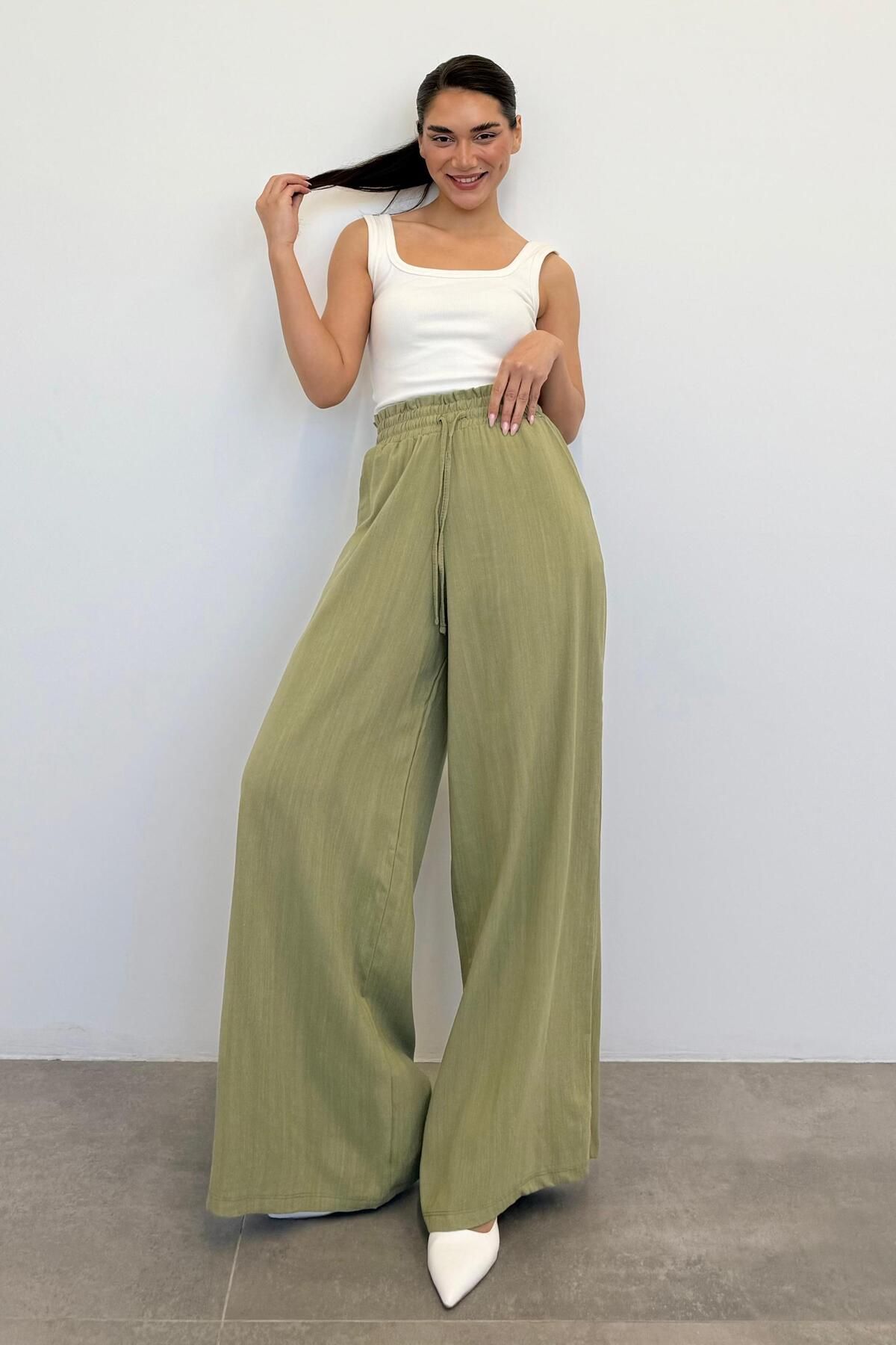 Madmext Mint Yeşili Yüksek Bel Bol Paça Pantolon MG2408