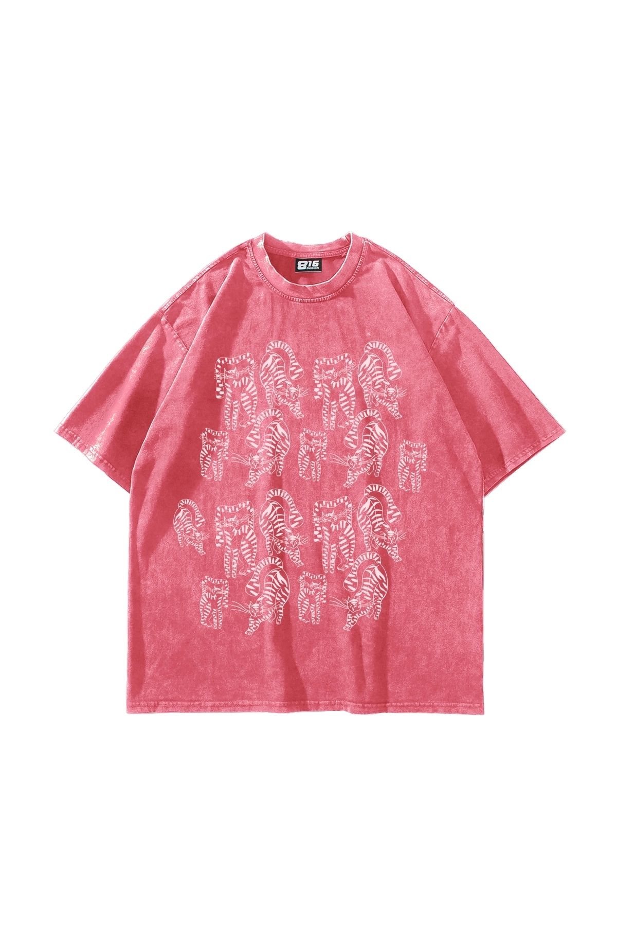 Bak Moda Cats Line V1 Baskılı Oversize Unisex Yıkamalı Pembe Tshirt