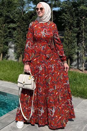 Rabia Şamlı Şal Desenli Elbise Kiremit