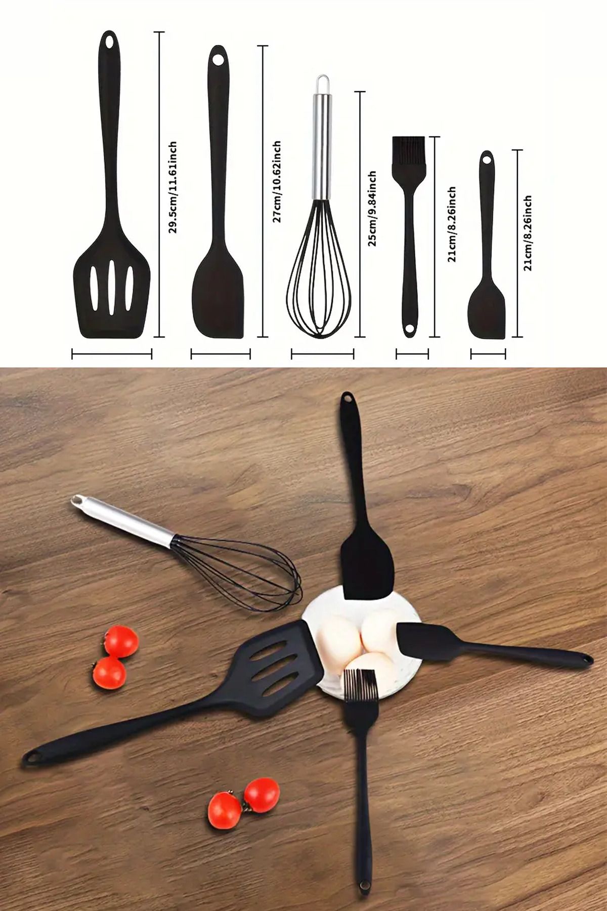 LaGabya 5 Parça Isıya Dayanıklı Silikon Set, Spatula, Yağ Fırçası, Çırpıcı, Silikon Fırın Seti