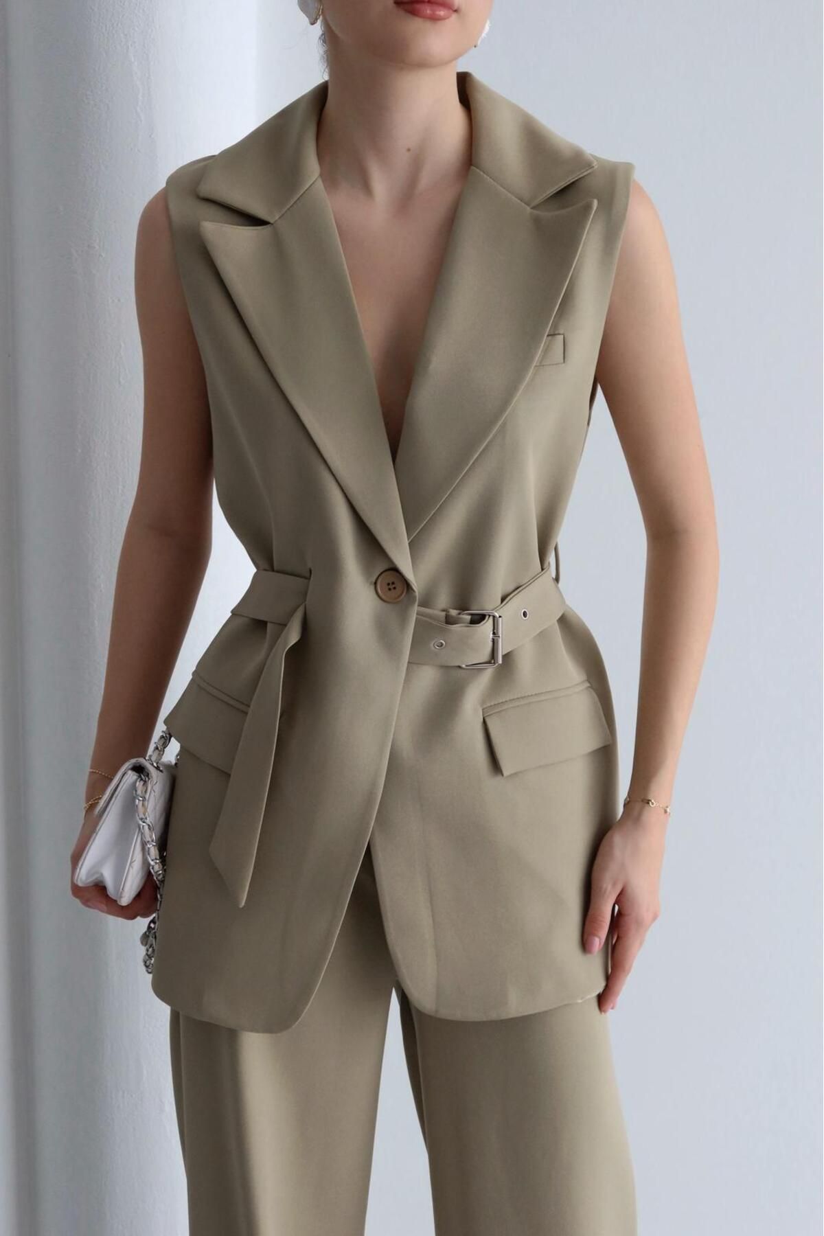 Ekim Store Kuşgözü Kemerli Blazer Yelek Ceket