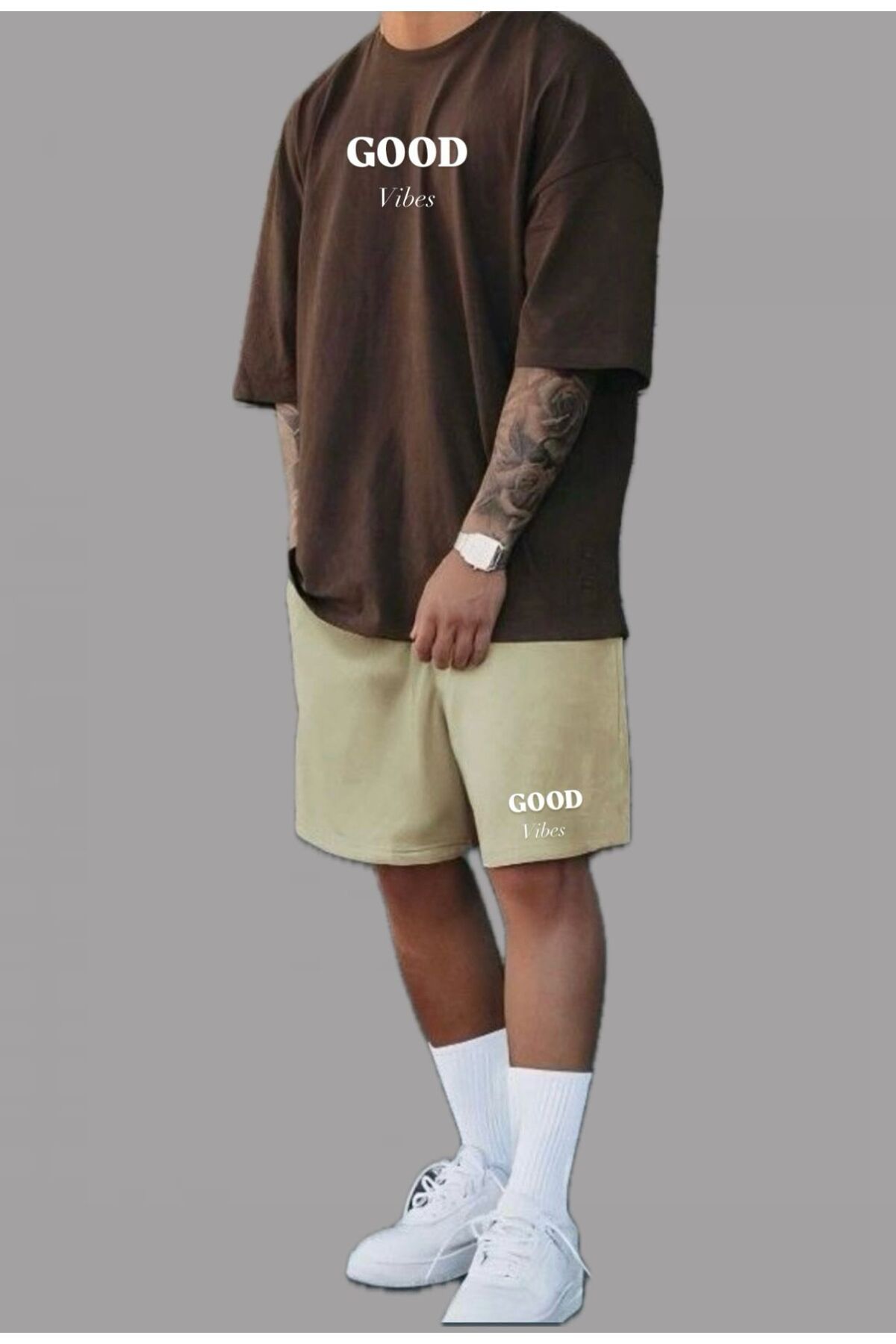woonkey UNISEX GOOD VİBES BASKILI BİSİKLET YAKA ŞORT TİŞÖRT 2'Lİ TAKIM YENİ SEZON