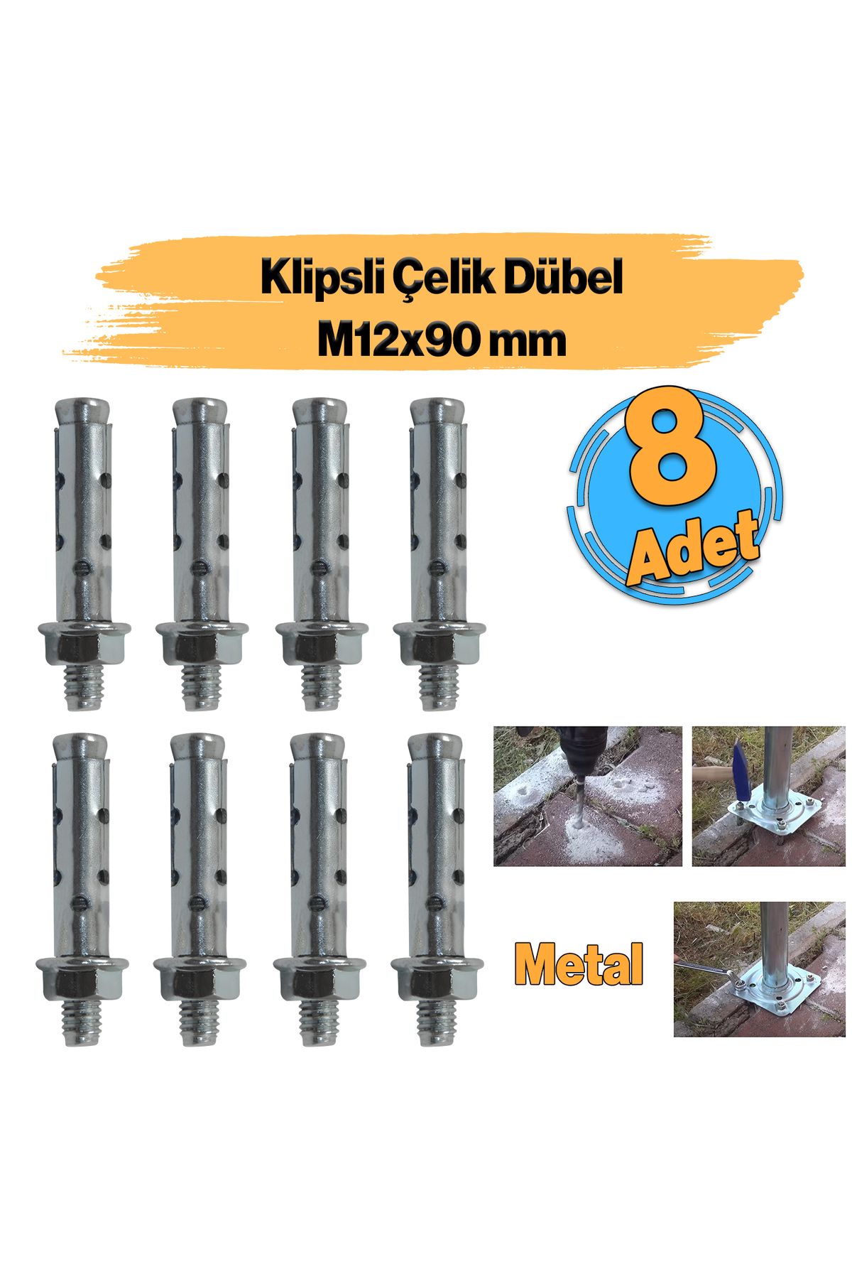 Badem10 Saplamalı Gömlek Çelik Dübel ( 8 Adet ) M12x90 mm Raf Montaj Bağlantı Zemin Monte Tavan Asma Aparat