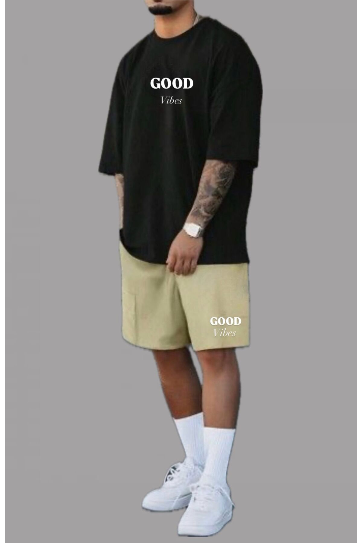 woonkey UNISEX GOOD VİBES BASKILI BİSİKLET YAKA ŞORT TİŞÖRT 2'Lİ TAKIM YENİ SEZON