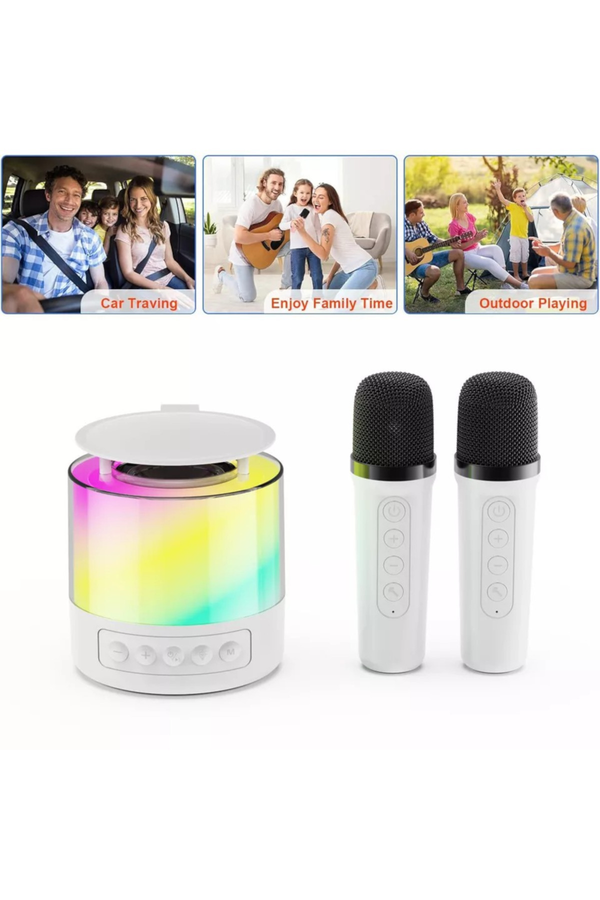 ABYZ-Speaker Set With 2 Microphones, Portable, With Rgb Effects, Round, Karaoke For Kids, Wireless, White 2