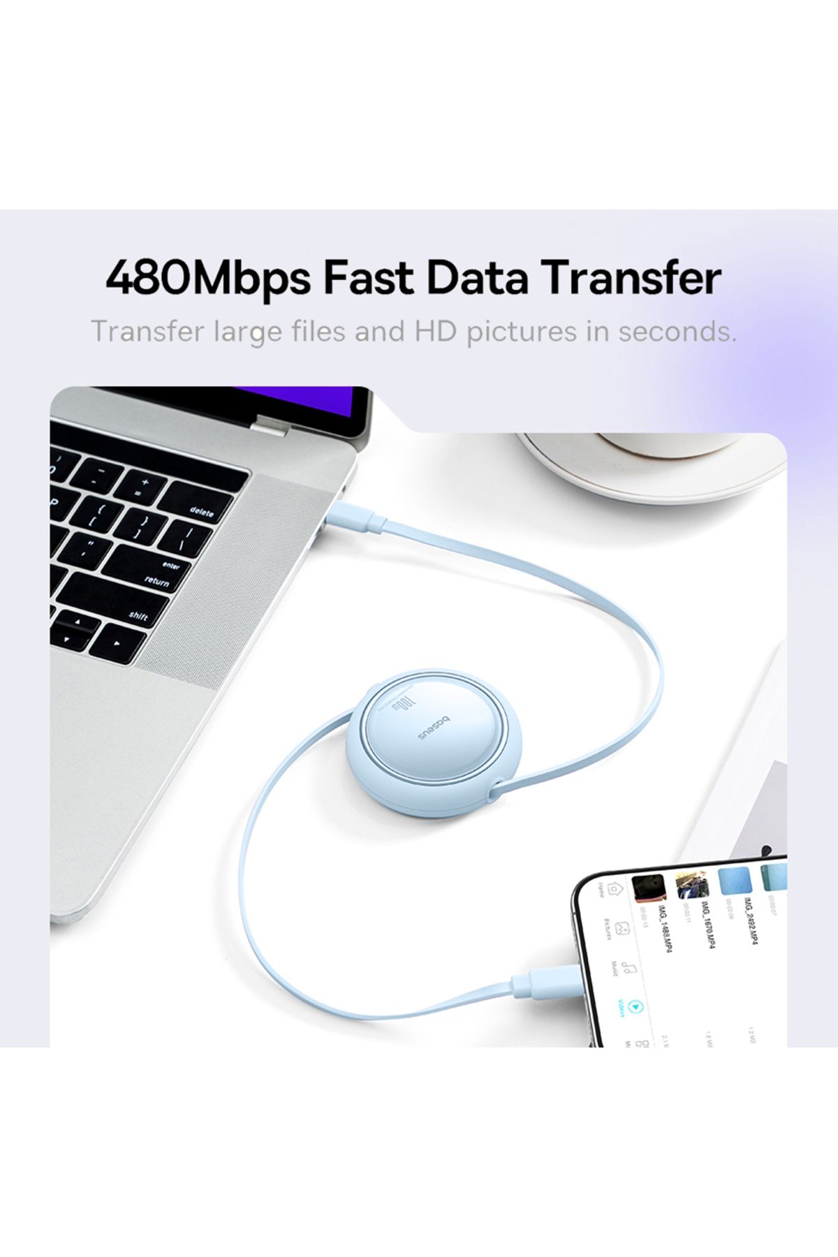 Baseus-Baseus 100W Free2 Draw Mini Both-Way Retractable Type C to Type C Fast Charging Data Cable 1M - Blue 7