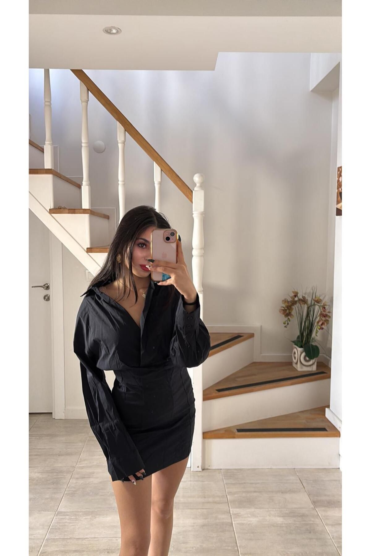 Rüyagibimoda Kadın siyah mini gömlek elbise