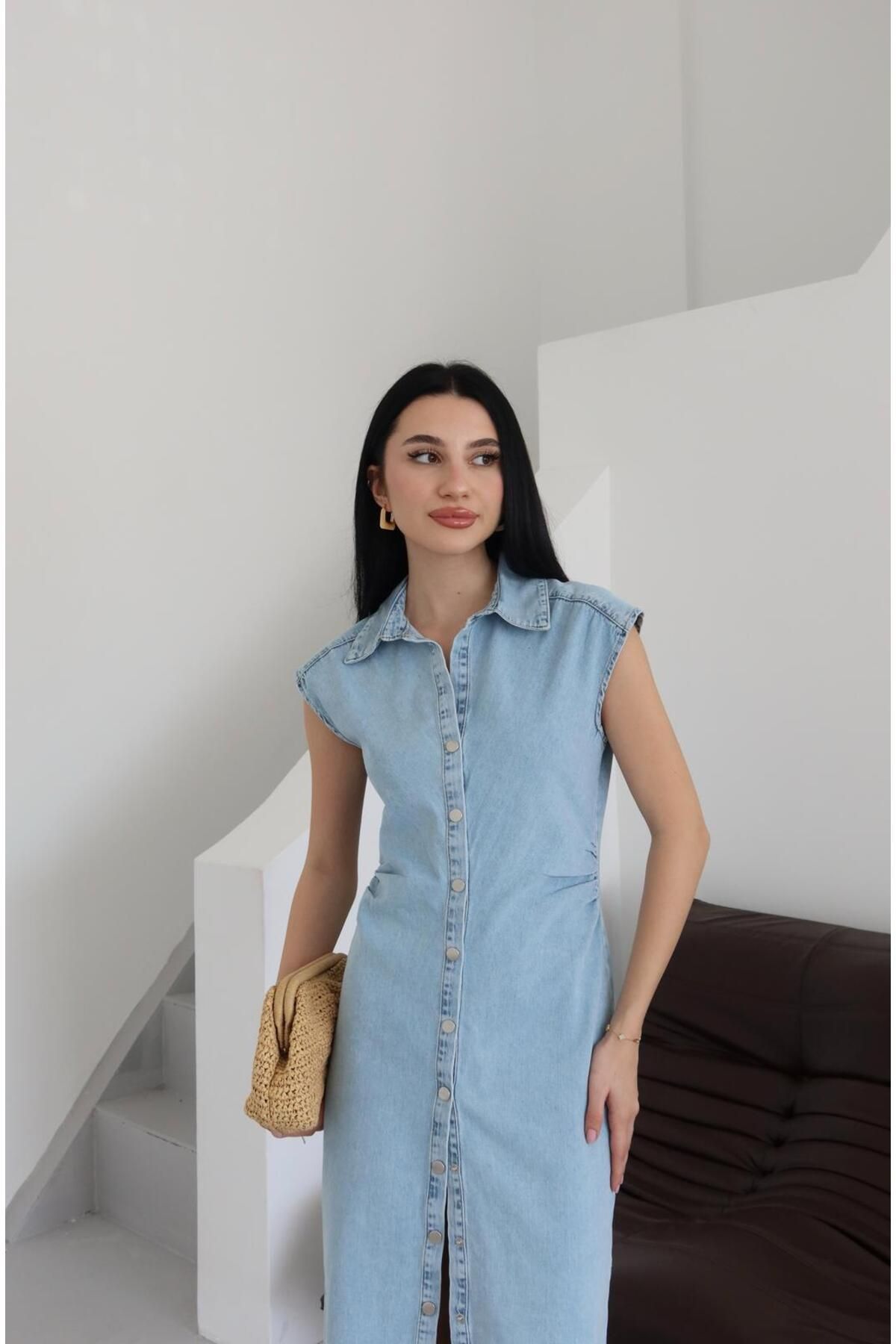 Ekim Store Düğmeli Askılı Lacivert Uzun Denim Elbise