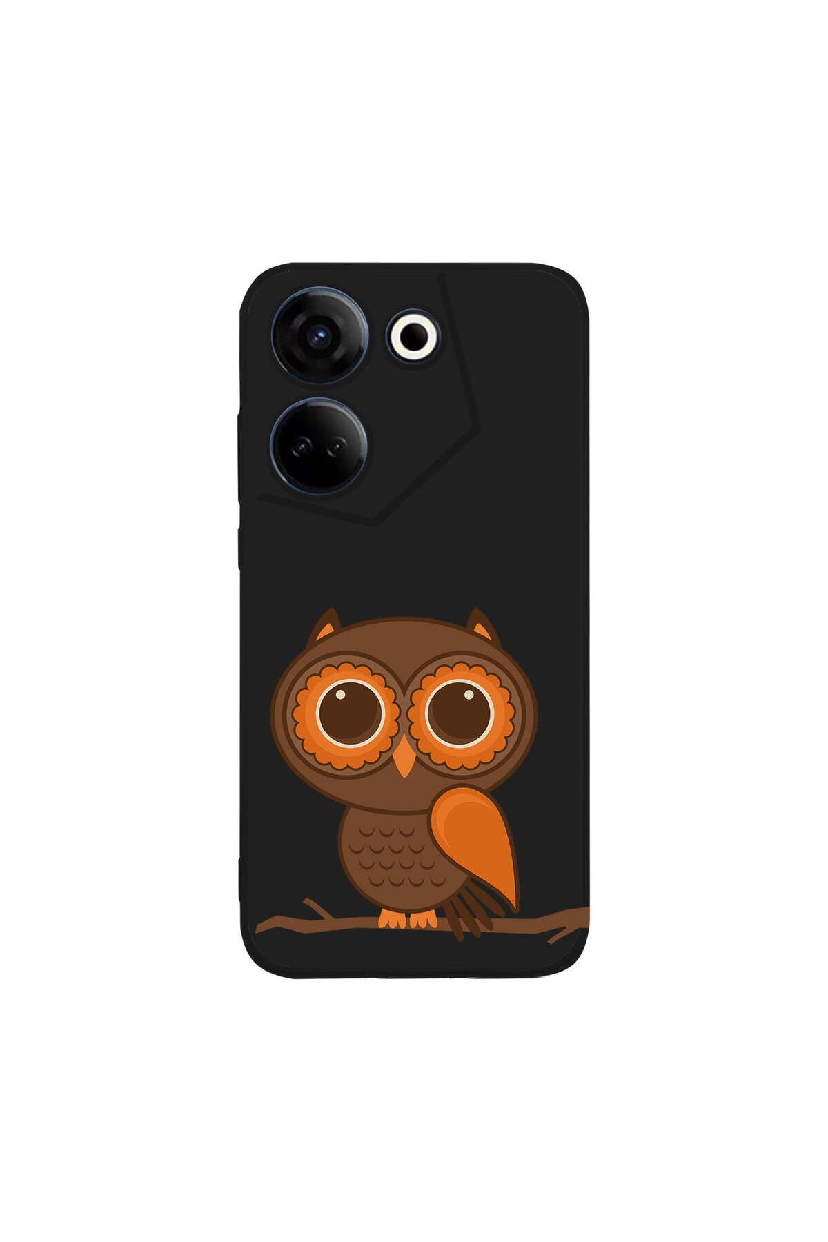 PrintiFy Tecno Camon 20 Pro ile Uyumlu Baykuş (0214a) Tasarımlı Siyah Lansman Silikon Kılıf