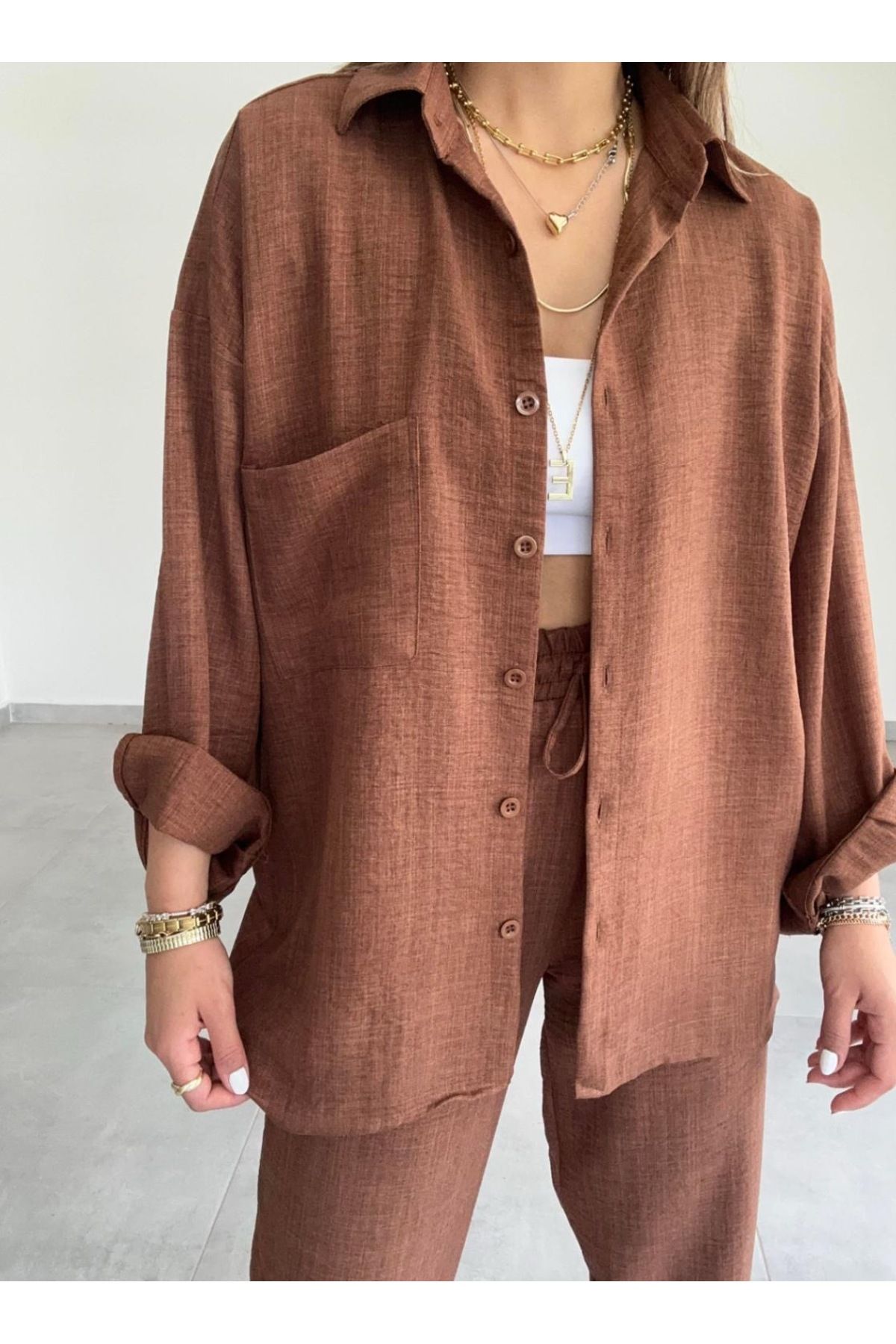 Simsibutik Kadın Keten Rahat Kesim Alt Üst Takım (S-M-L-XL Beden)
