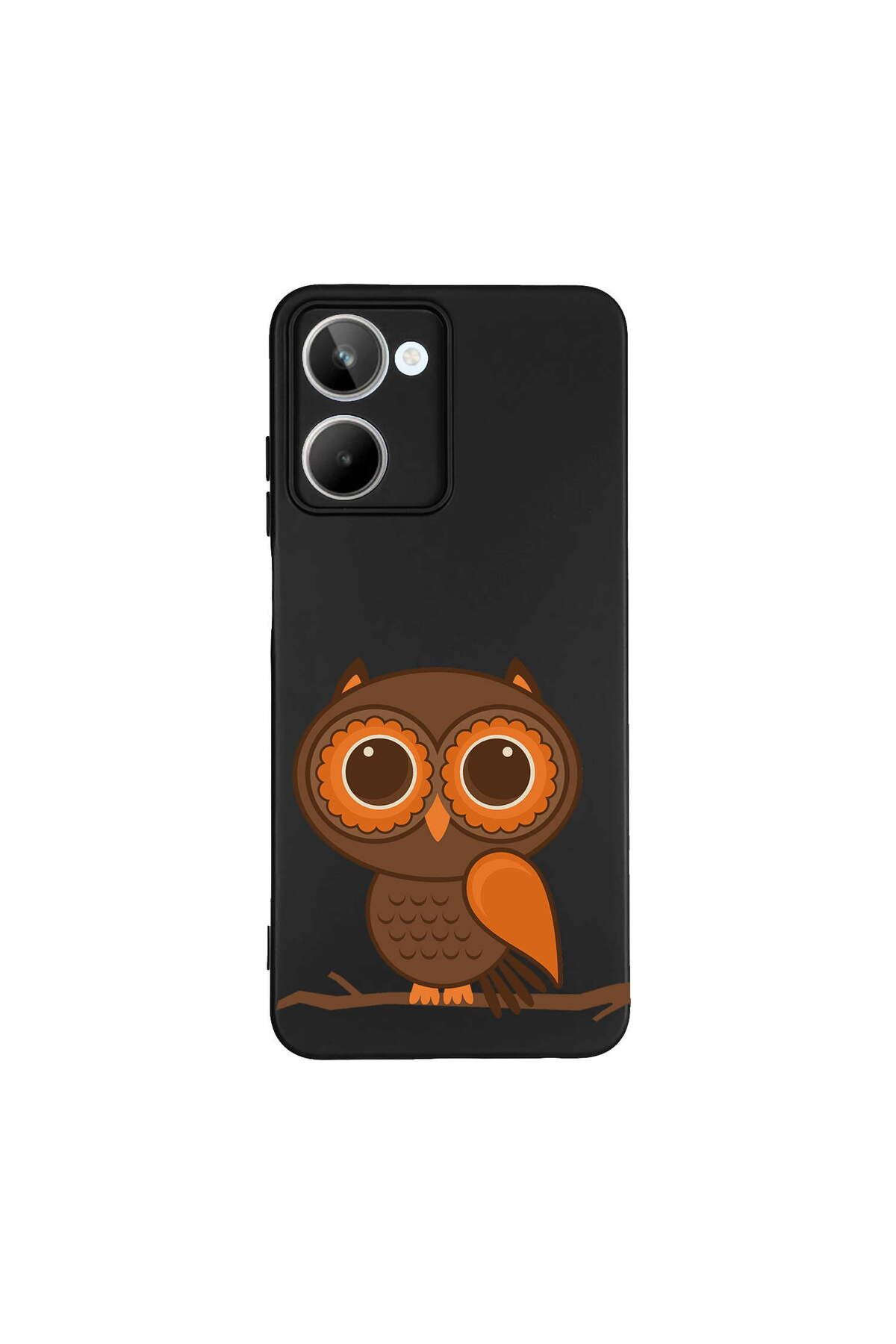 PrintiFy Realme 10 4G ile Uyumlu Baykuş (0214a) Tasarımlı Siyah Lansman Silikon Kılıf