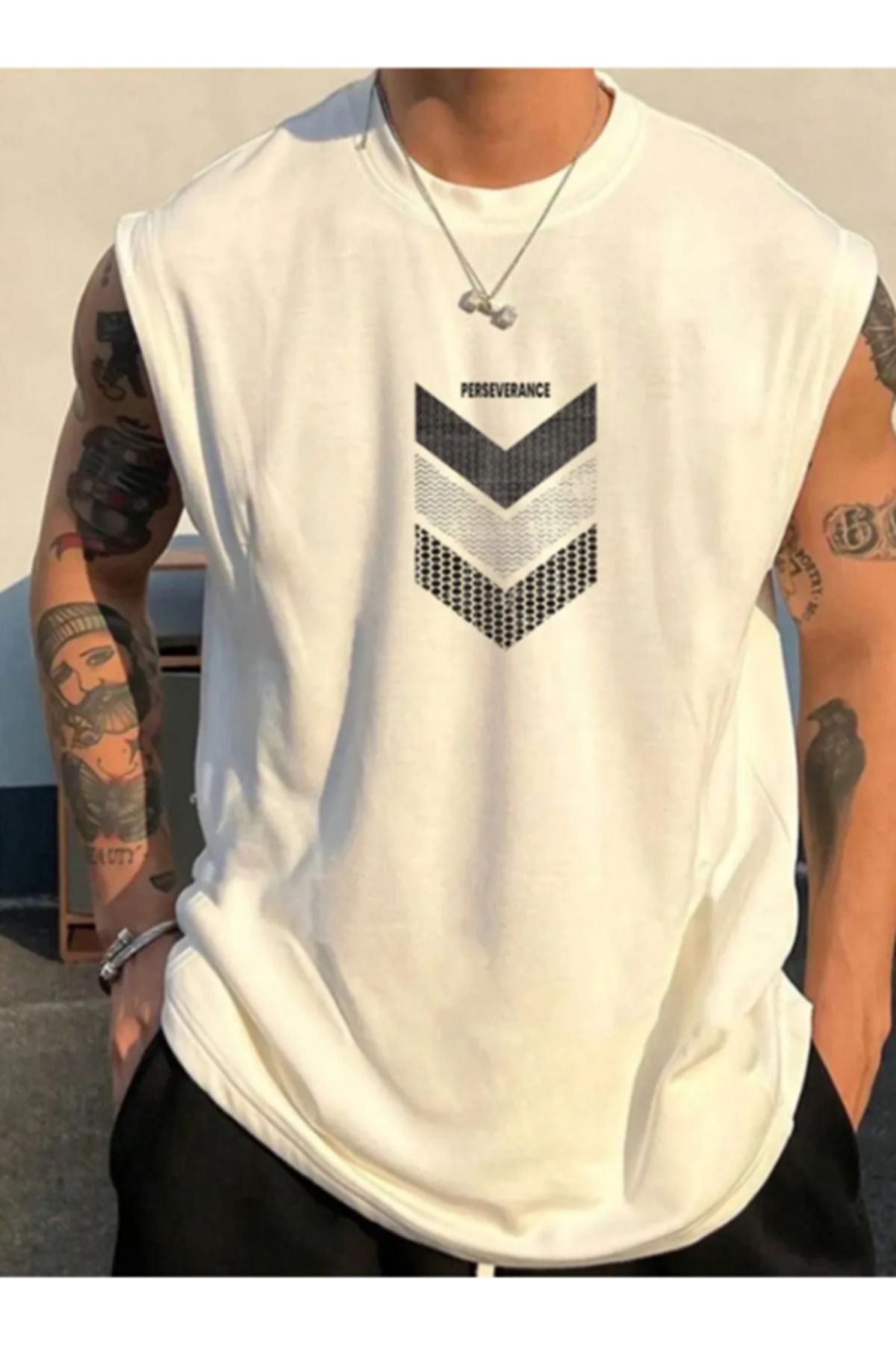 Derays Performans Baskılı Rahat Kalıp Bisiklet Yaka Pamuklu Antrenman Sporcu Atleti Oversize Kolsuz T-Shirt