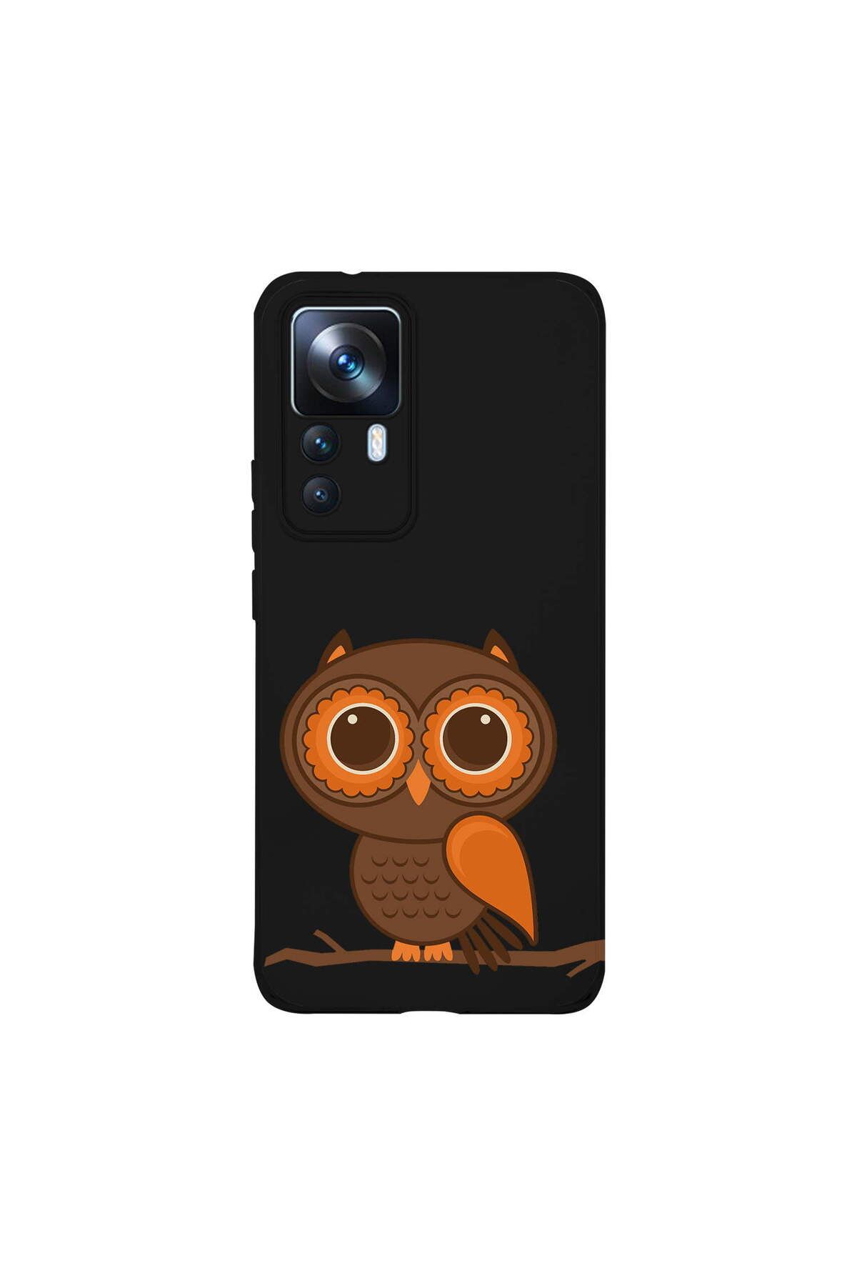 PrintiFy Xiaomi Mi 12T Pro ile Uyumlu Baykuş (0214a) Tasarımlı Siyah Lansman Silikon Kılıf