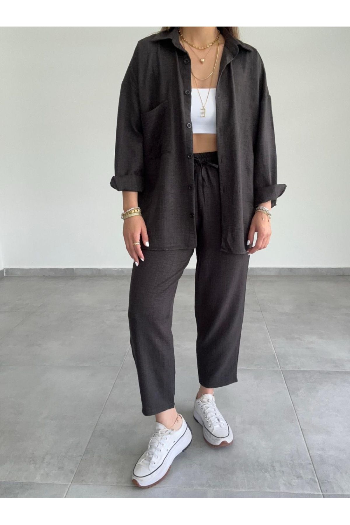 Simsibutik Kadın Keten Rahat Kesim Alt Üst Takım (S-M-L-XL Beden)