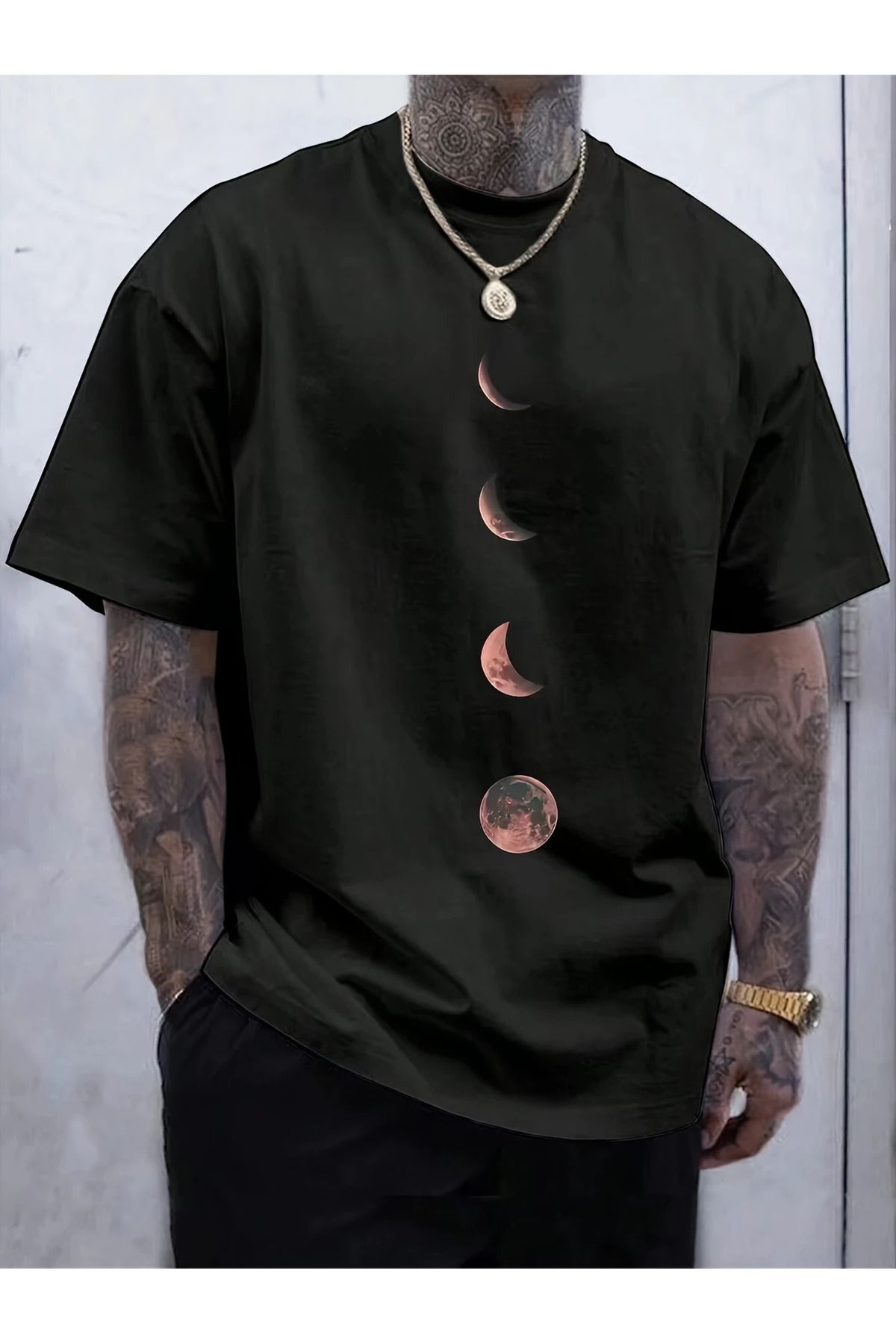 İnazuma Outdoors İnazuma Unisex Oversize Baskılı Pamuklu Bisiklet Yaka Kısa Kollu SİYAH T-shirt