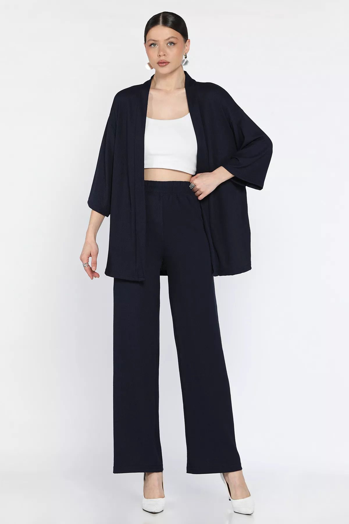 GÜLSELİ Lacivert Kadın Kimono Pantolon İkili Takım