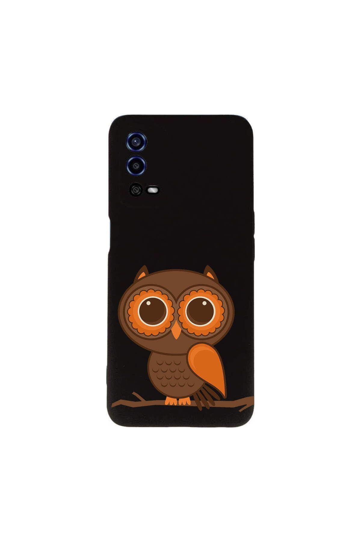 PrintiFy Oppo A55 ile Uyumlu Baykuş (0214a) Tasarımlı Siyah Lansman Silikon Kılıf