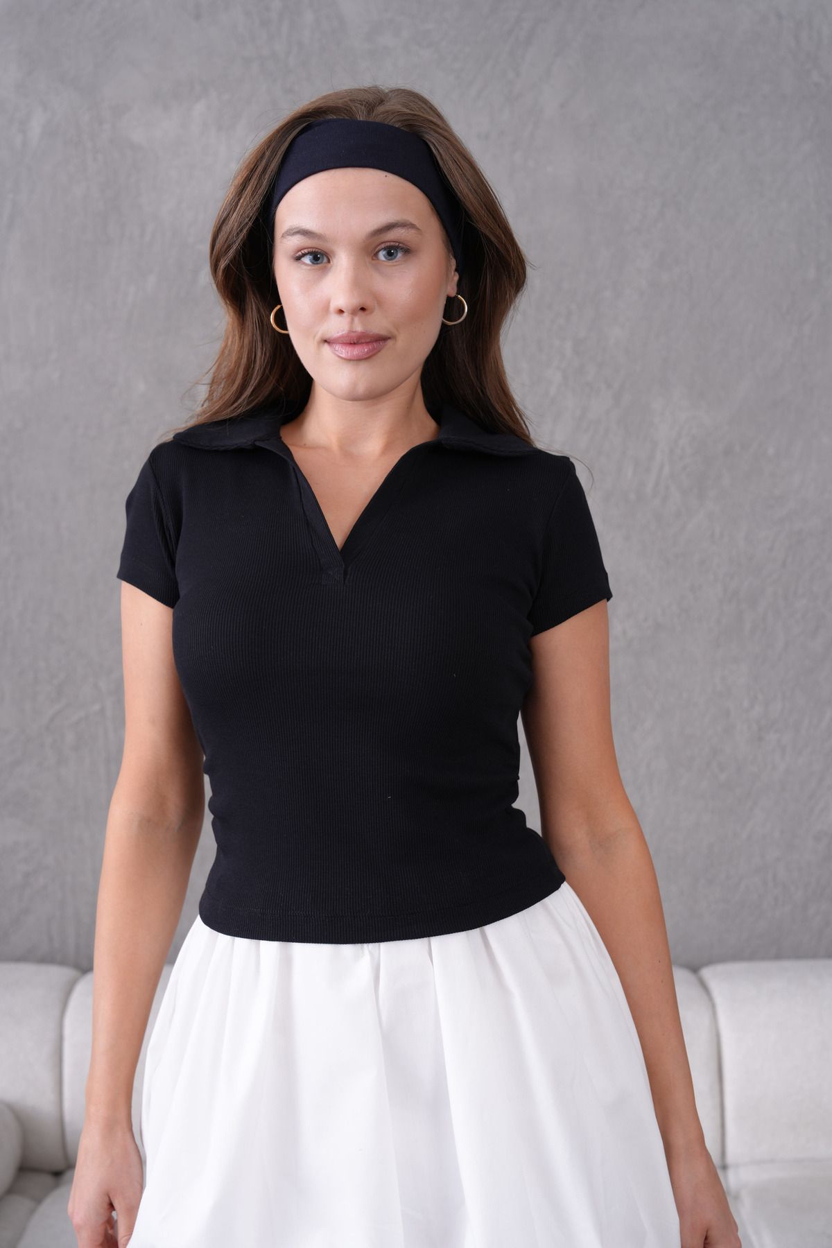 Arbucky Kadın Polo Yaka Yandan Büzgülü Fitilli Örme Tshirt