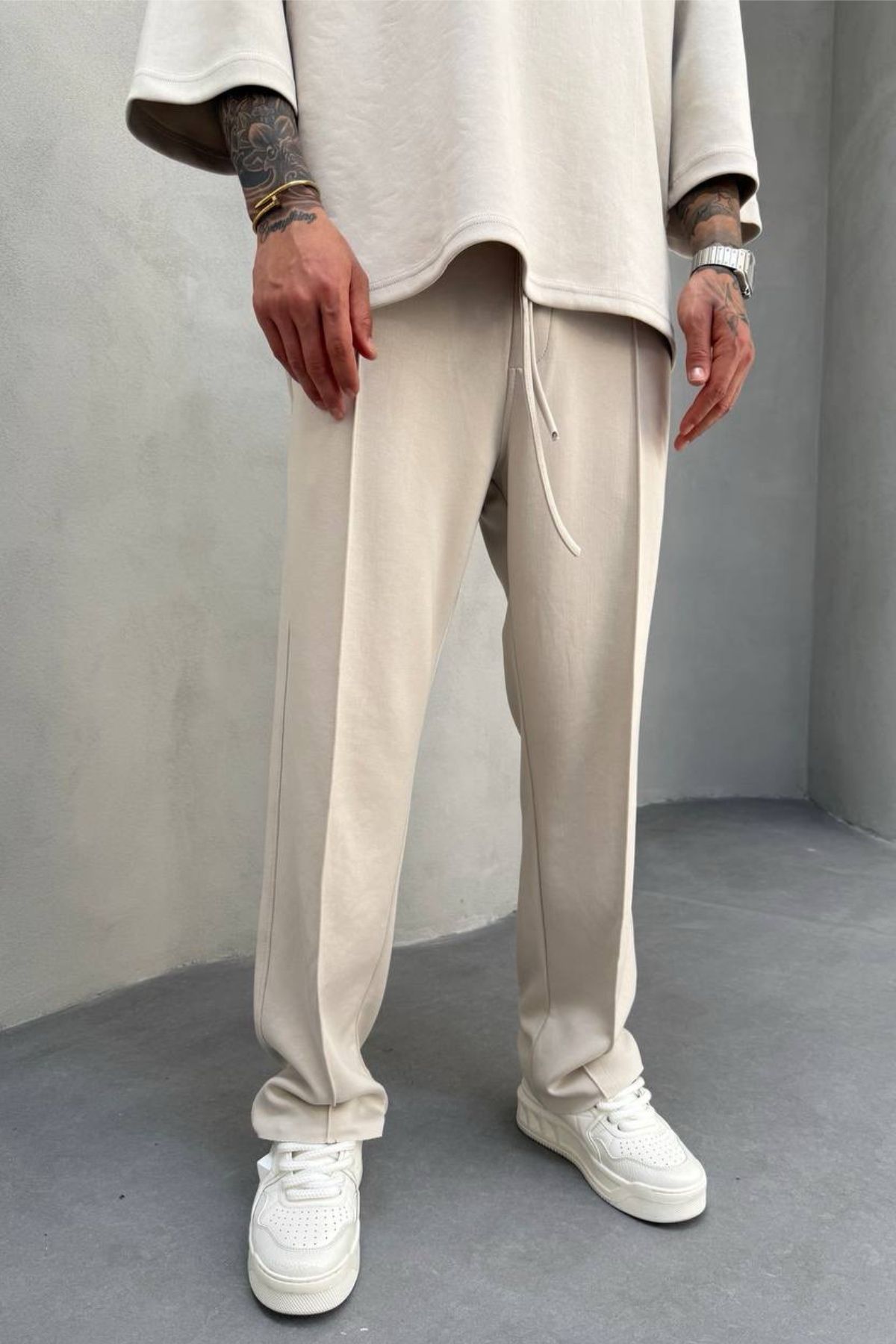 MADZEYMODA Erkek Oyaho Kumaş Bej Rengi Baggy Kalıp Jogger Pantolon KE-7012