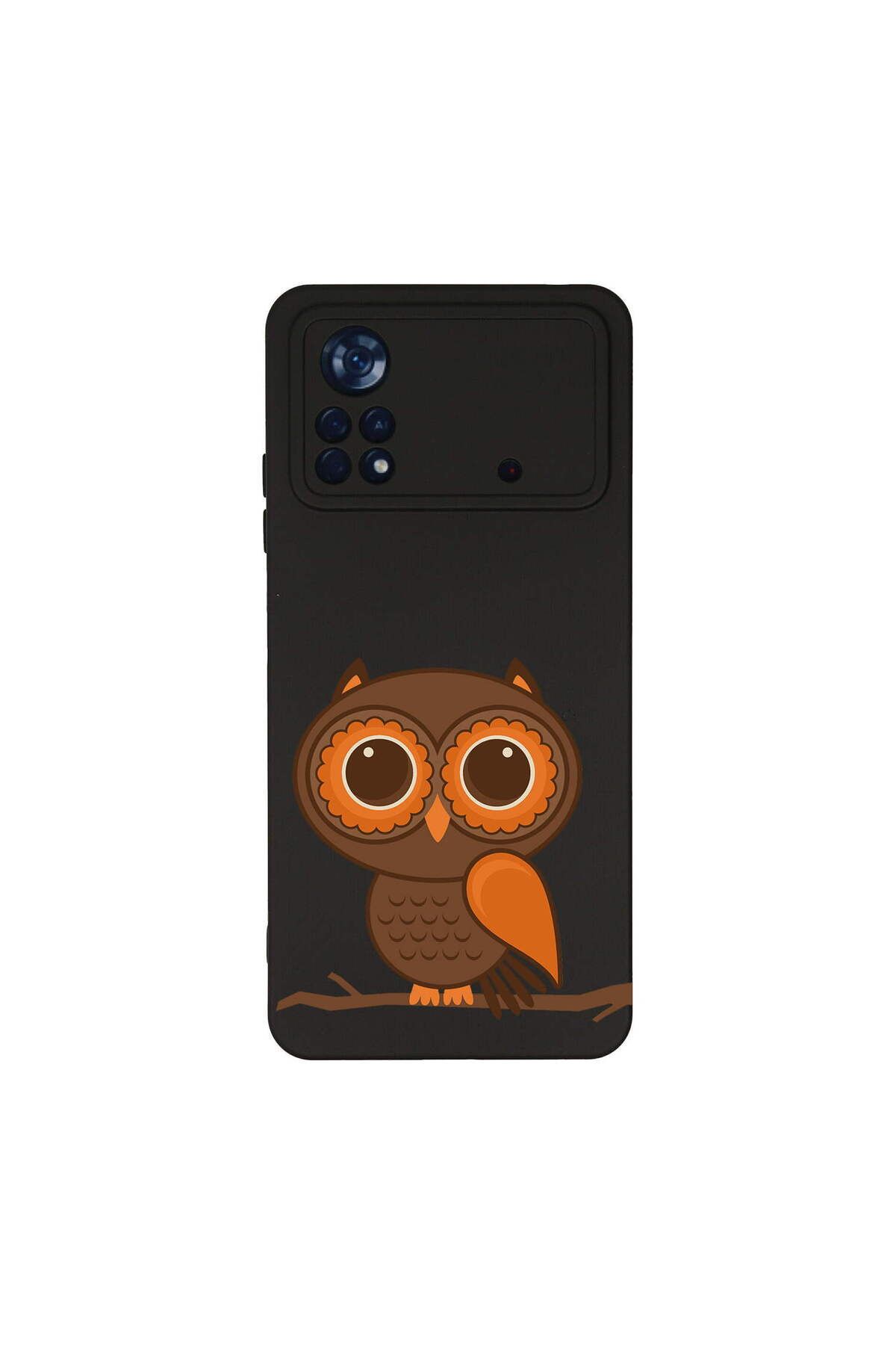 PrintiFy Poco X4 Pro ile Uyumlu Baykuş (0214a) Tasarımlı Siyah Lansman Silikon Kılıf