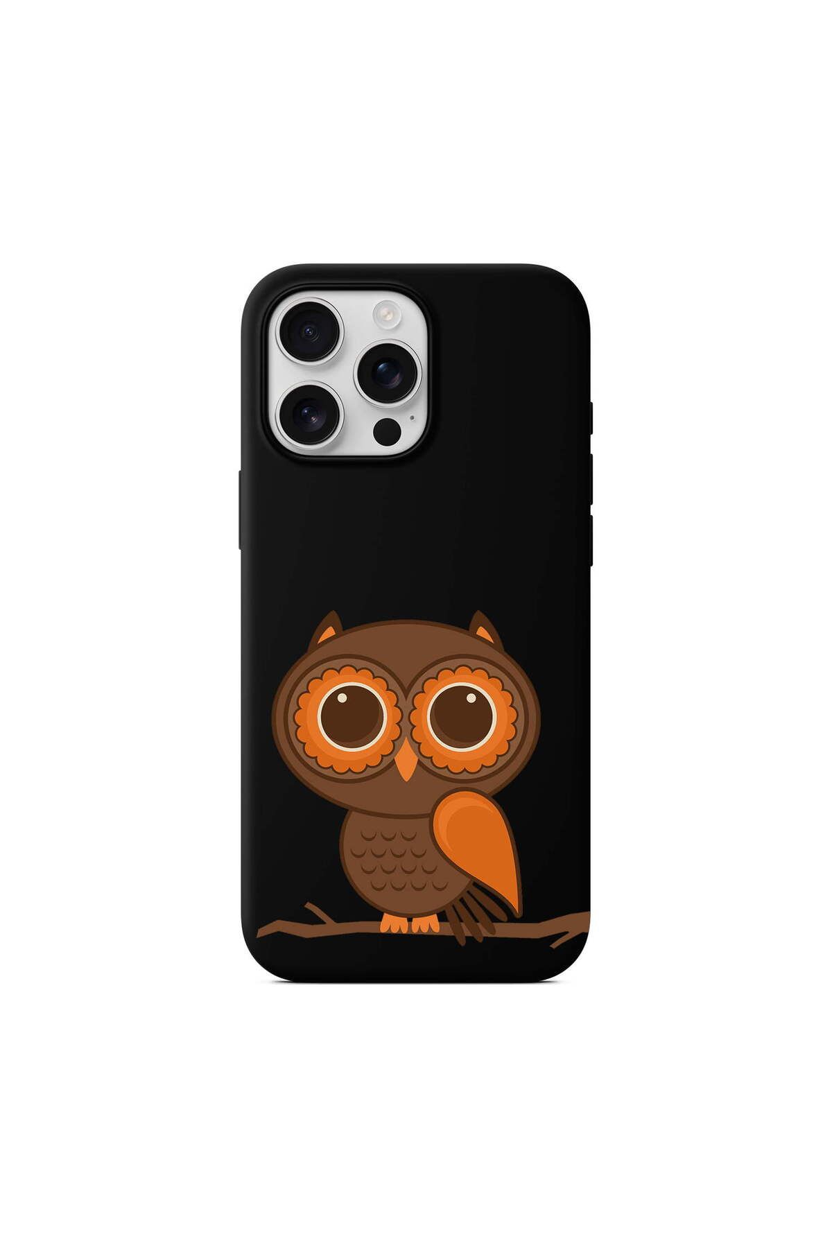 PrintiFy iPhone 16 Pro Max ile Uyumlu Baykuş (0214a) Tasarımlı Siyah Lansman Silikon Kılıf