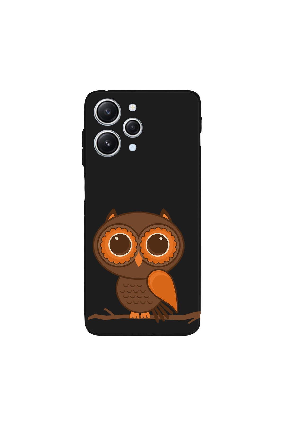 PrintiFy Xiaomi Redmi 12 ile Uyumlu Baykuş (0214a) Tasarımlı Siyah Lansman Silikon Kılıf
