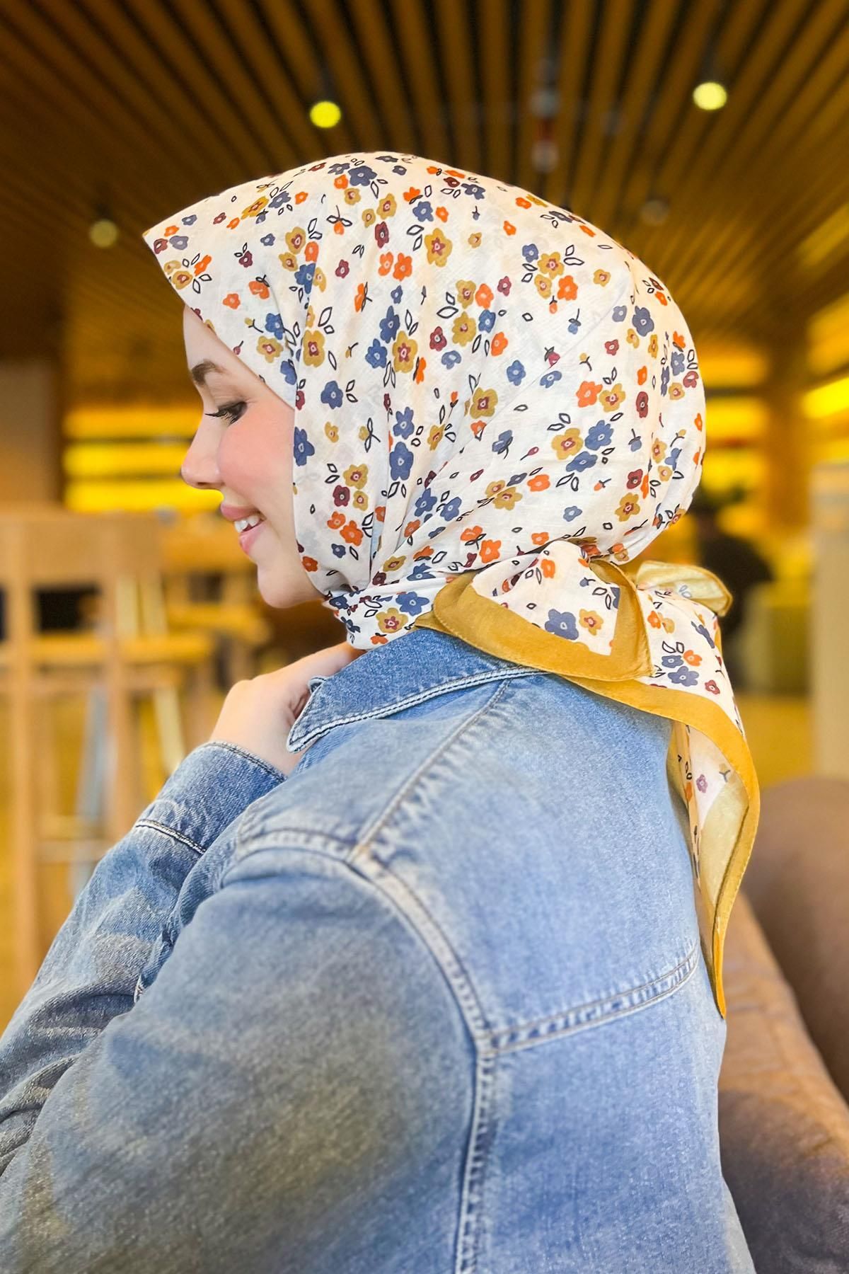 Sultan Eşarp Sultan Fresh Pamuk Eşarp - Çıtır Çiçek Deseni - SFE005-02 - Hardal Sarısı, Krem, Mavi, Turuncu