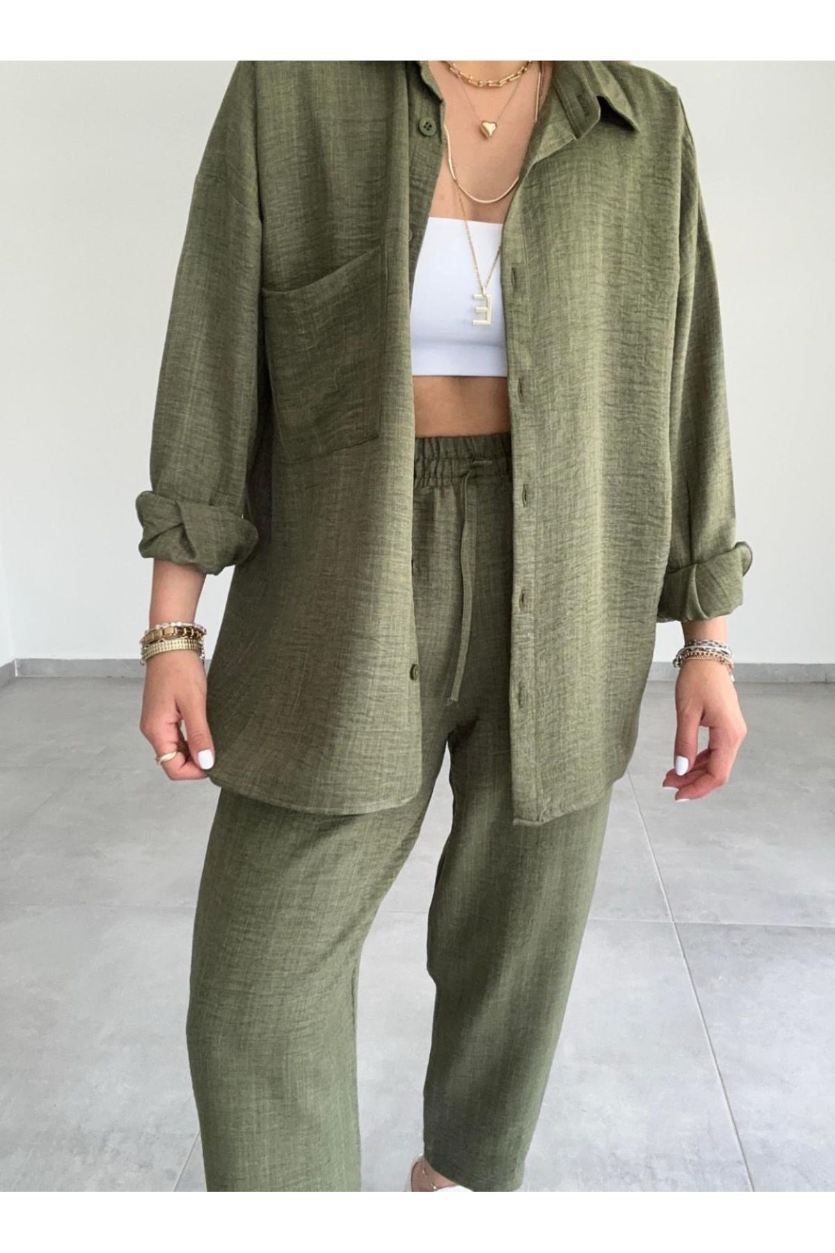 Simsibutik Kadın Keten Rahat Kesim Alt Üst Takım (S-M-L-XL Beden)