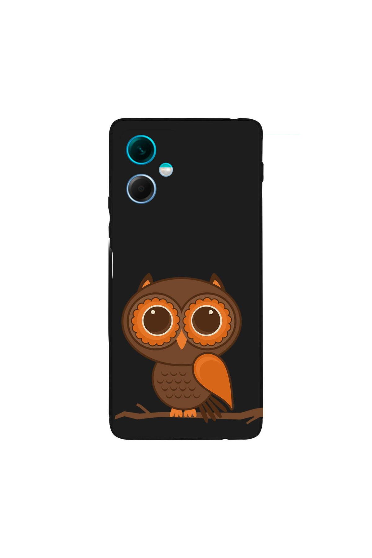 PrintiFy Xiaomi Redmi Note 12 5G ile Uyumlu Baykuş (0214a) Tasarımlı Siyah Lansman Silikon Kılıf