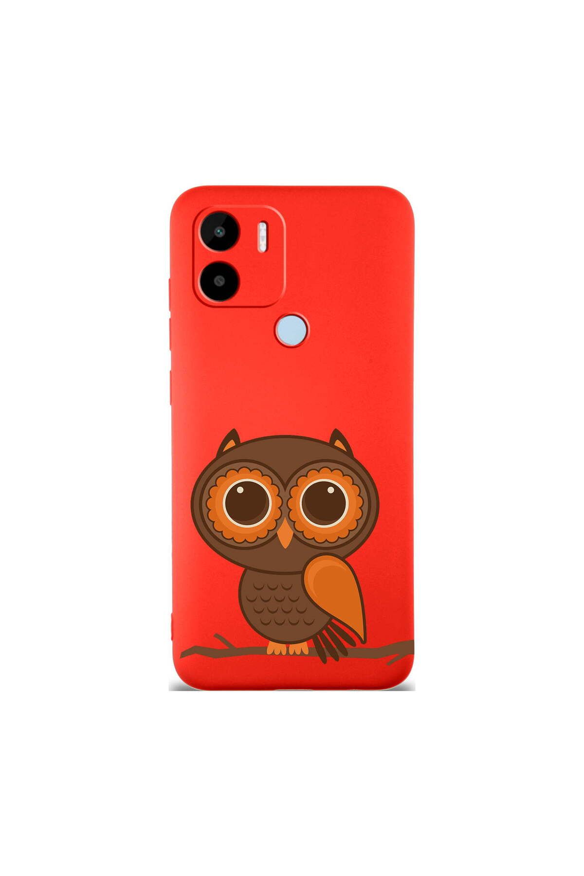 PrintiFy Xiaomi Redmi A1 Plus ile Uyumlu Baykuş (0214a) Tasarımlı Kırmızı Lansman Silikon Kılıf