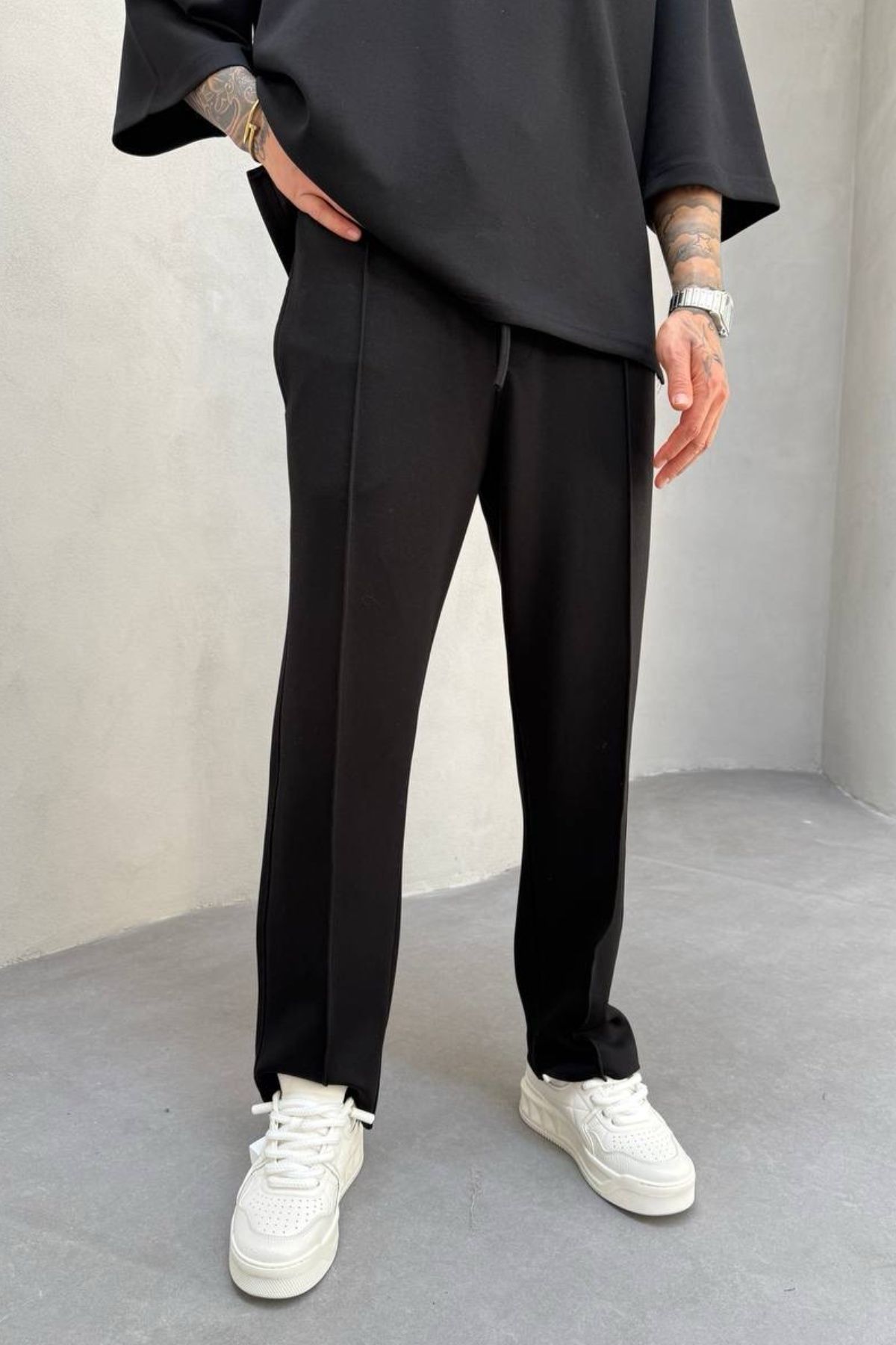 MADZEYMODA Erkek Oyaho Kumaş Siyah Baggy Kalıp Jogger Pantolon KE-7012