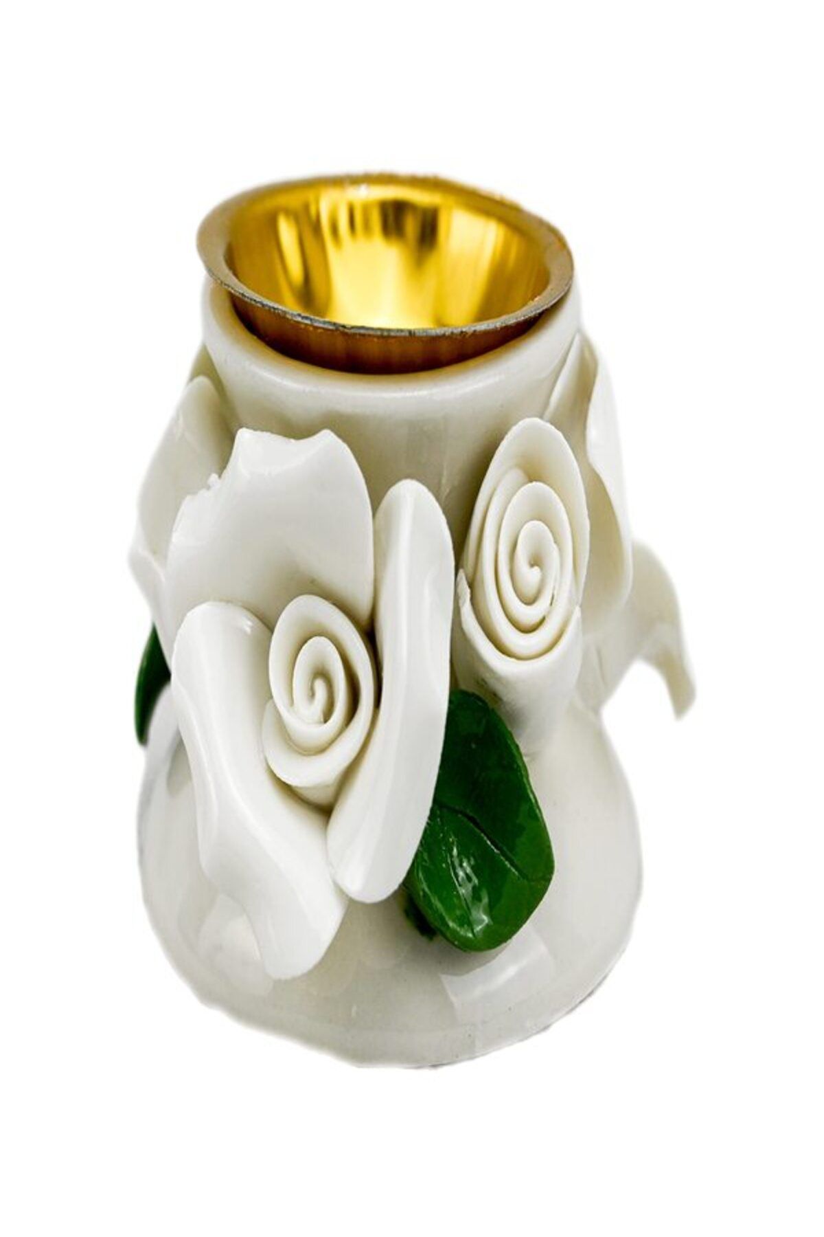 Generic-Decorative Porcelain Incense Holder Bowl with White Rose Design, Gold Interior 5