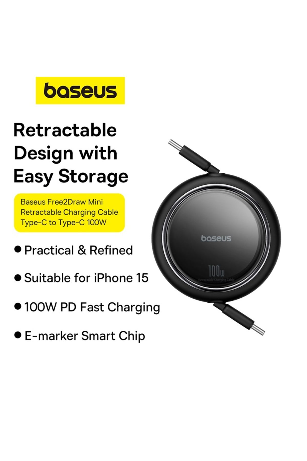 Baseus-Baseus 100W Free2 Draw Mini Both-Way Retractable USB-C to USB-C Fast Charging Data Cable 1M - Black 2