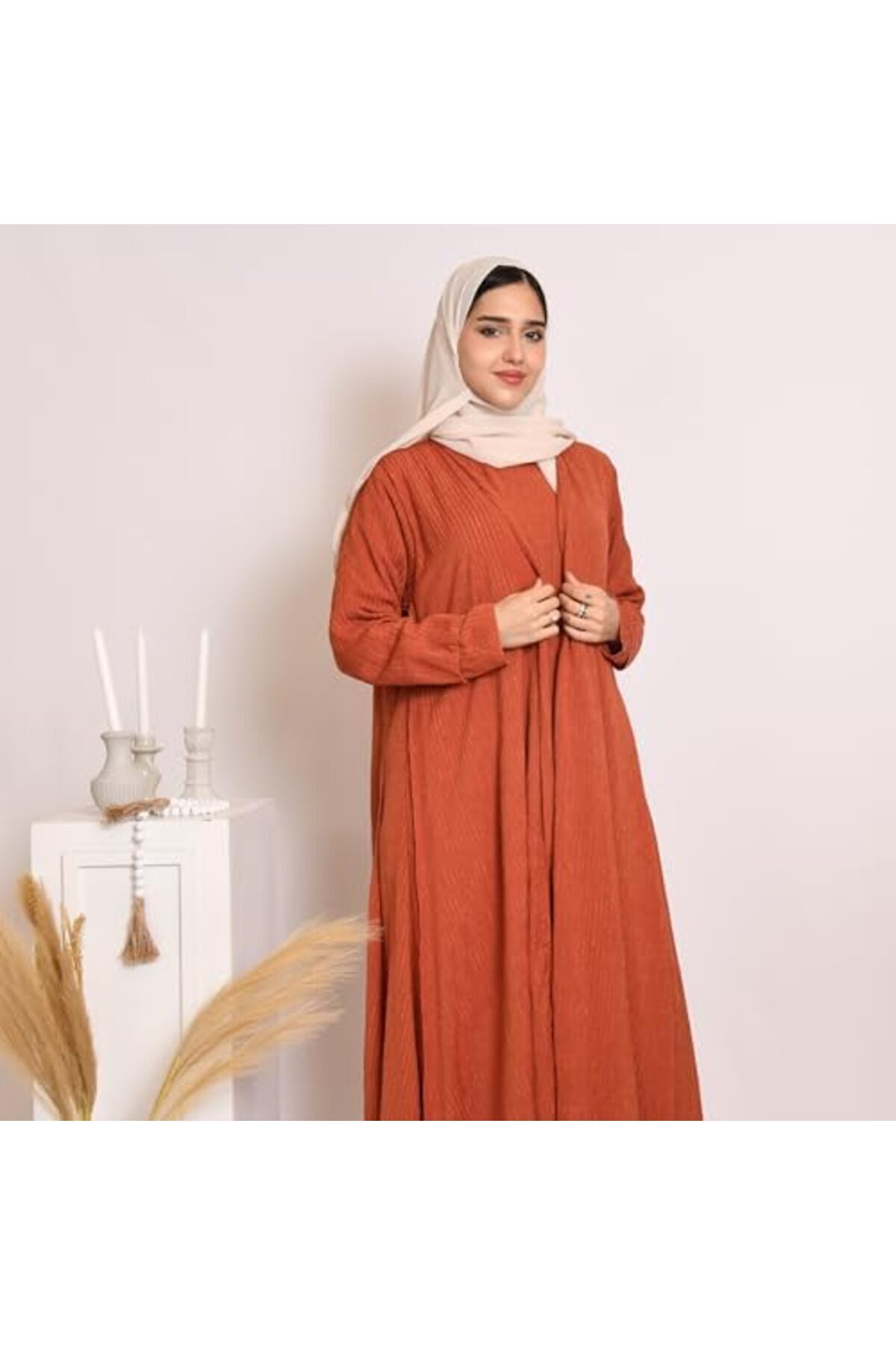 HAWRAA-Wrap Quarter Klush Abaya in Orange with Striped Fabric and Dress Set 3