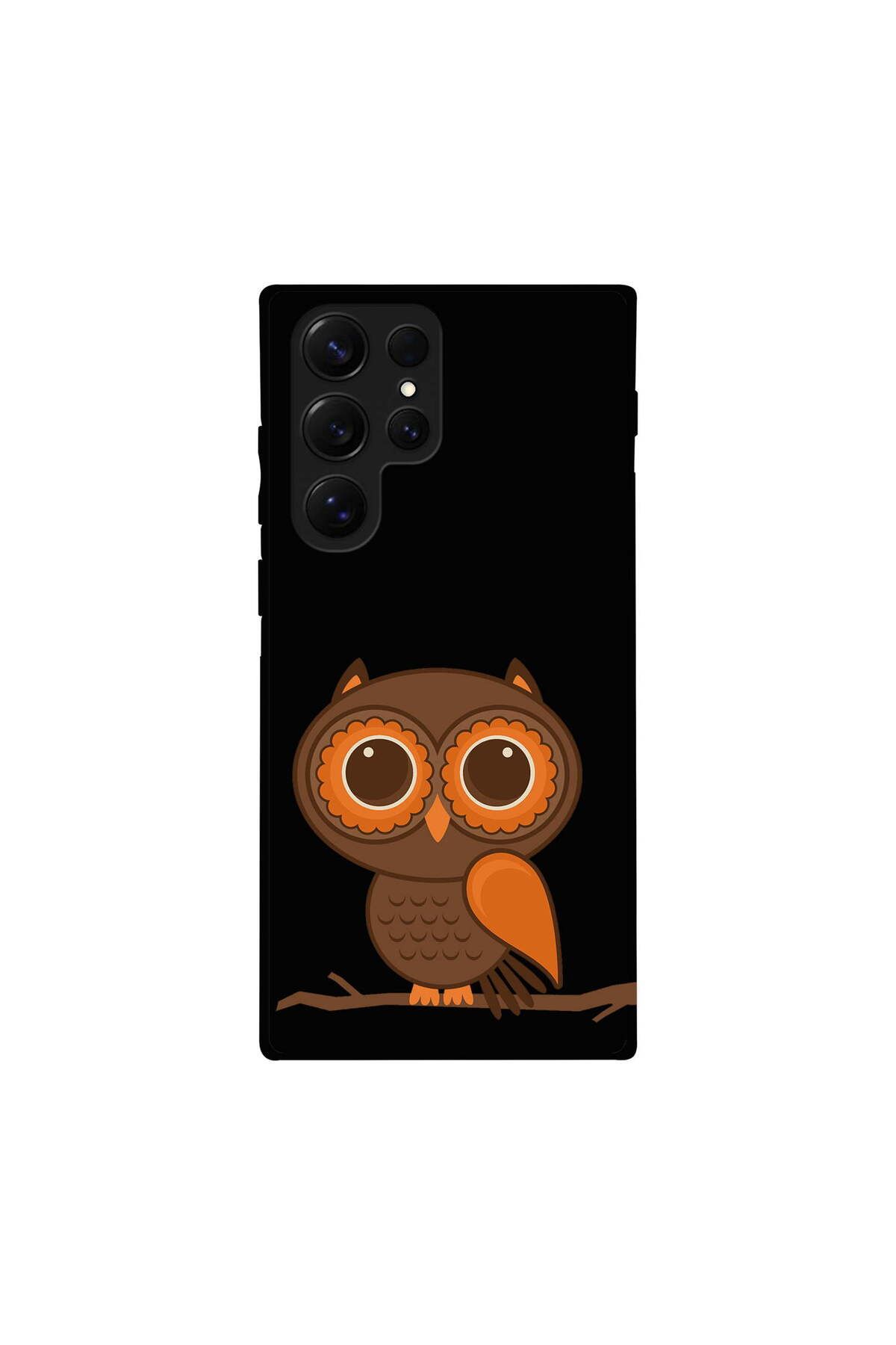 PrintiFy Samsung Galaxy S25 Ultra ile Uyumlu Baykuş (0214a) Tasarımlı Siyah Lansman Silikon Kılıf