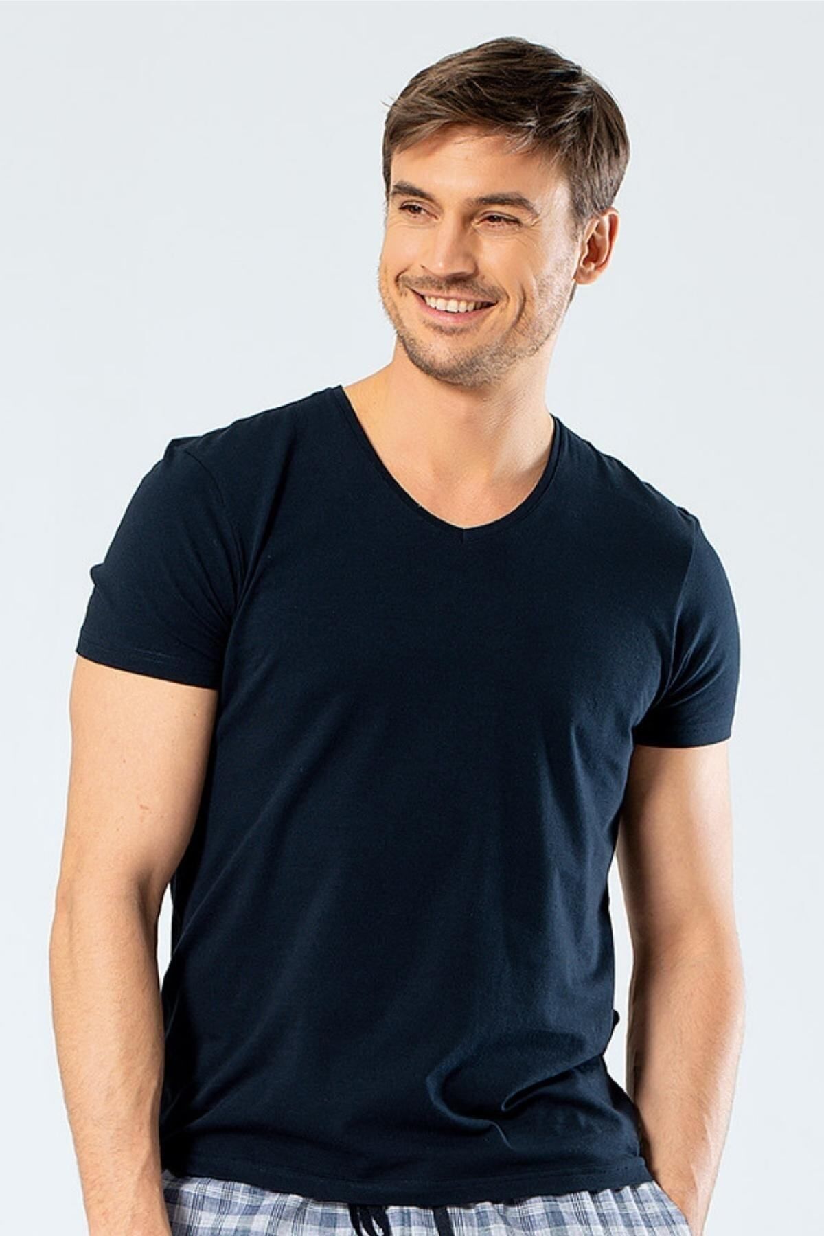 Cacharel Erkek Pamuklu V Yaka Kısakol T-shirt, %95 Pamuk %5 Likra