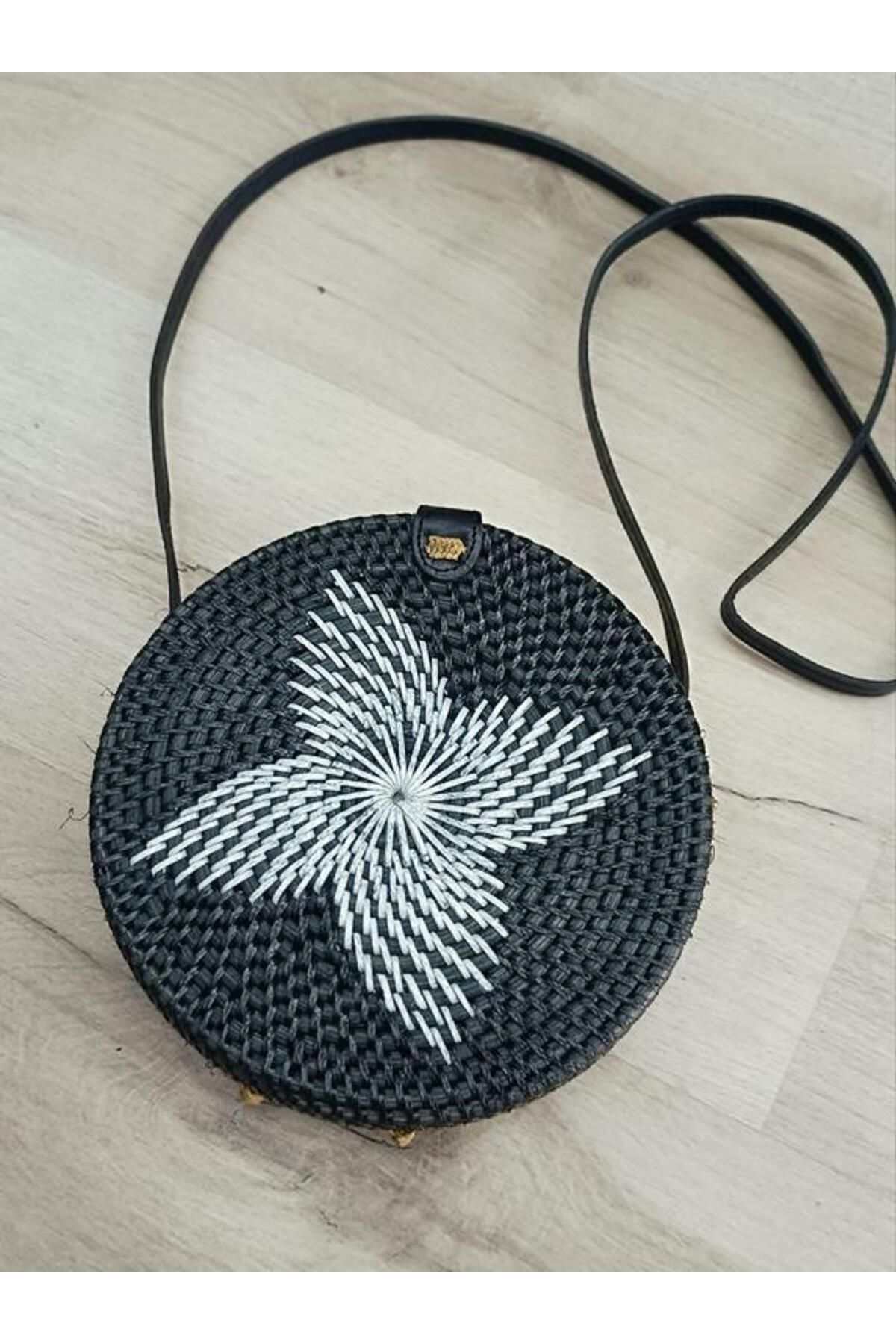 Hd Marketim Çanta Çiçek Desenli Bambu Rattan El Yapımı Deri Askı Kadın Hasır Omuz Çantası Siyah Renk