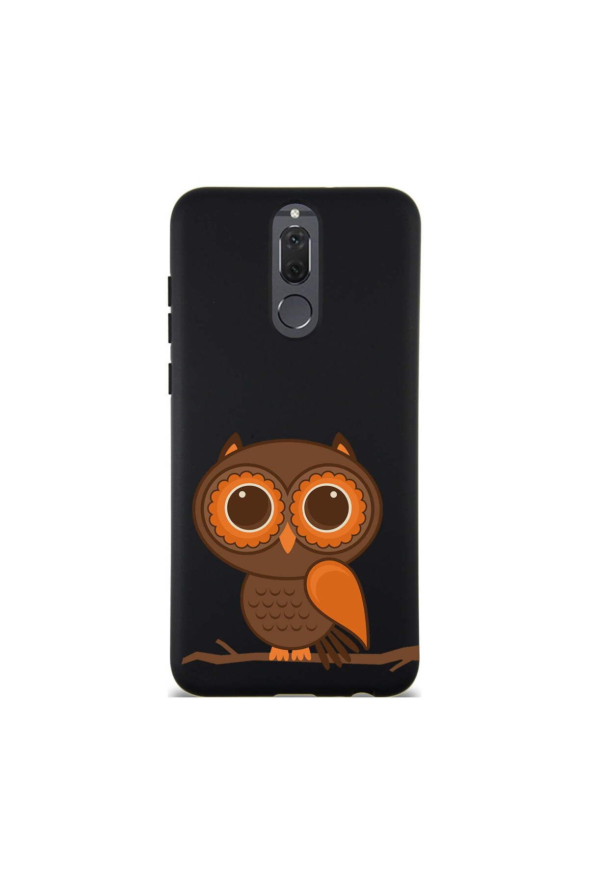 PrintiFy Huawei Mate 10 Lite ile Uyumlu Baykuş (0214a) Tasarımlı Siyah Lansman Silikon Kılıf