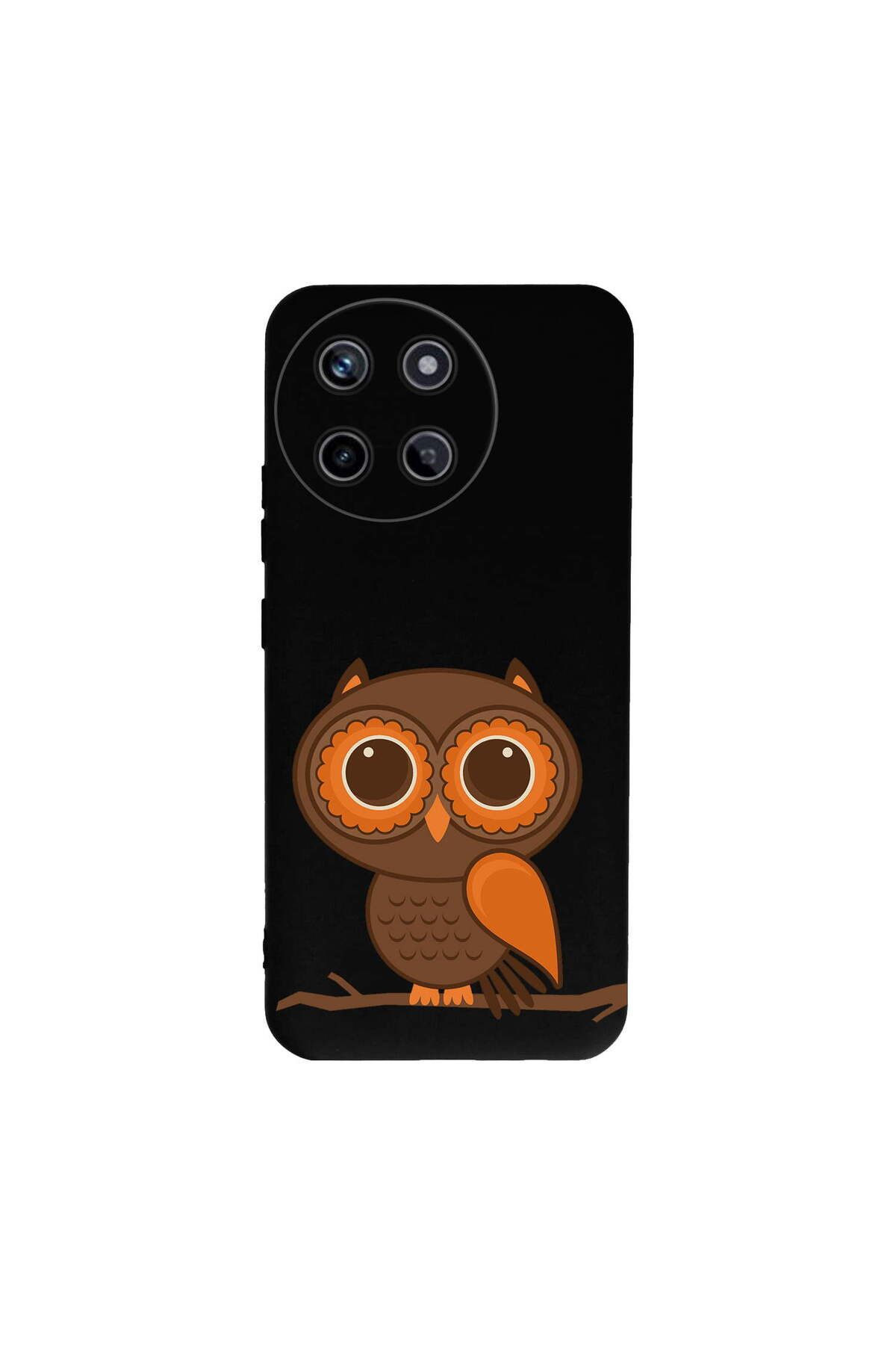PrintiFy Realme 11 ile Uyumlu Baykuş (0214a) Tasarımlı Siyah Lansman Silikon Kılıf