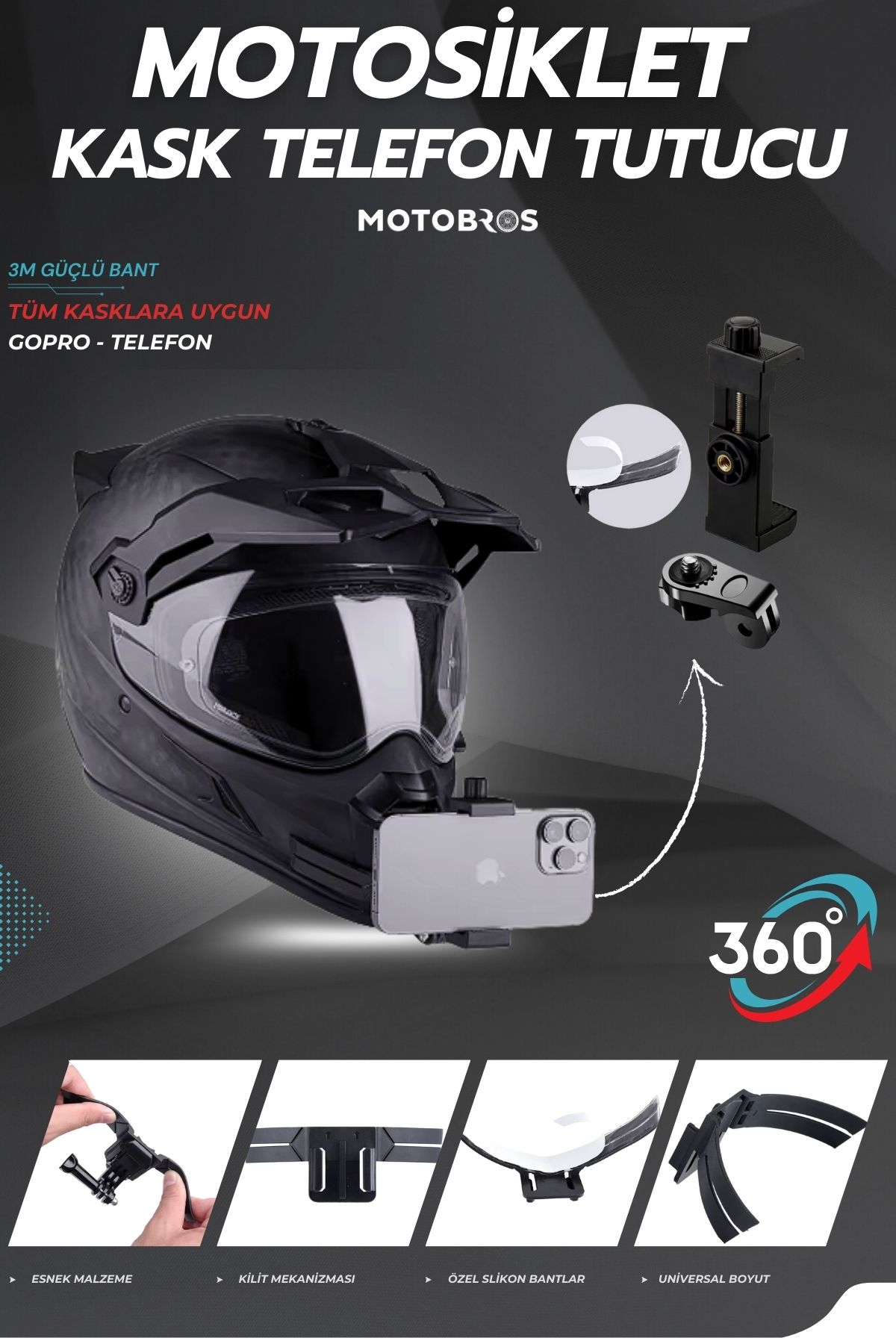 Motobros Motosiklet Kask Çene Yapıştırıcılı Telefon Tutucu Kask Telefon Tutucu - GOPRO Tüm Kasklara Uygun