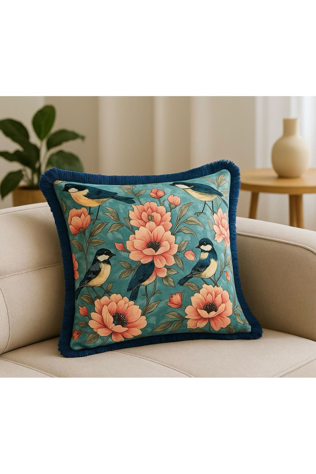 Karam Home Püsküllü Turkuaz Kuşlu Kırlent Kılıfı