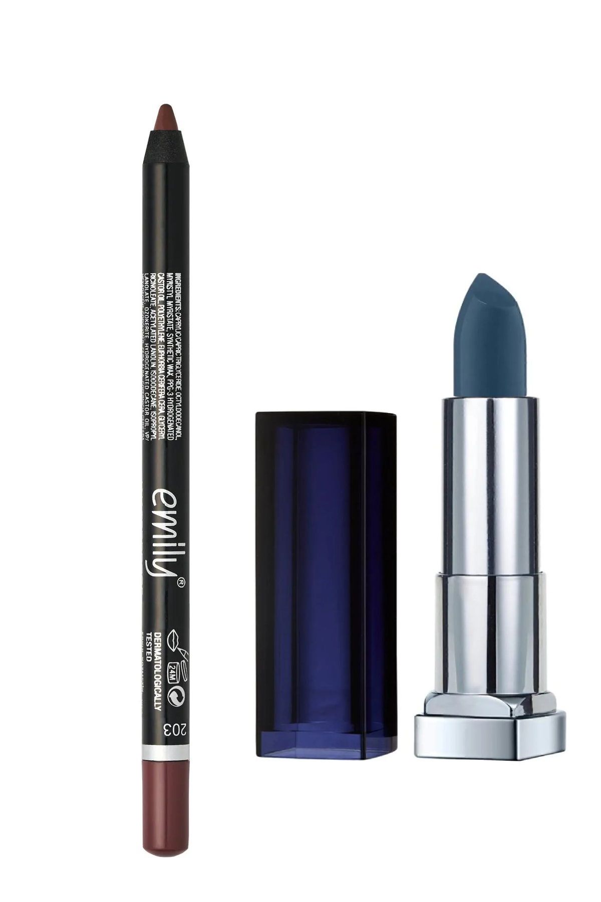 EMILY Dudak Kalemi No: 203 & Maybelline New York Color Sensational Lipstick Loaded Bold 892 Midnight Blue