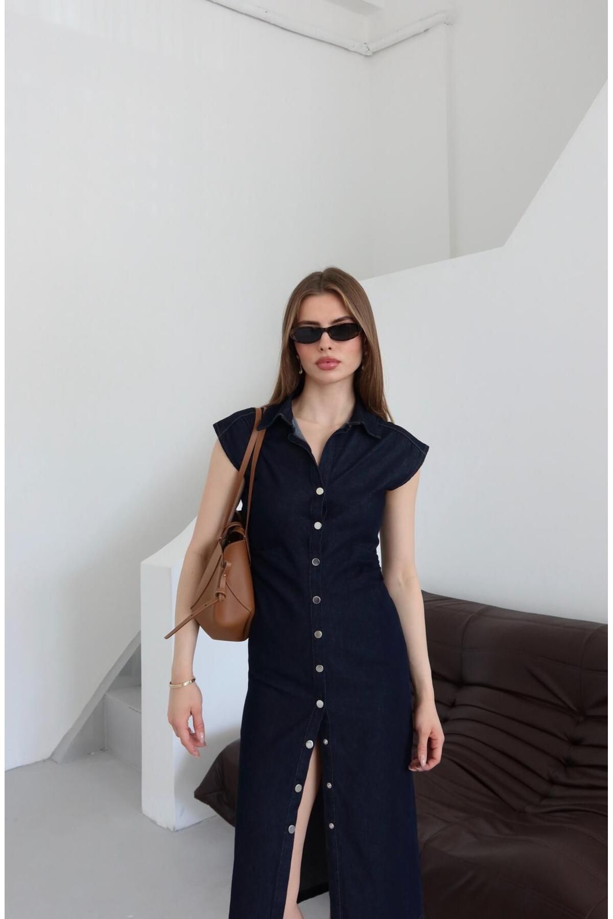 Ekim Store Düğmeli Askılı Lacivert Uzun Denim Elbise