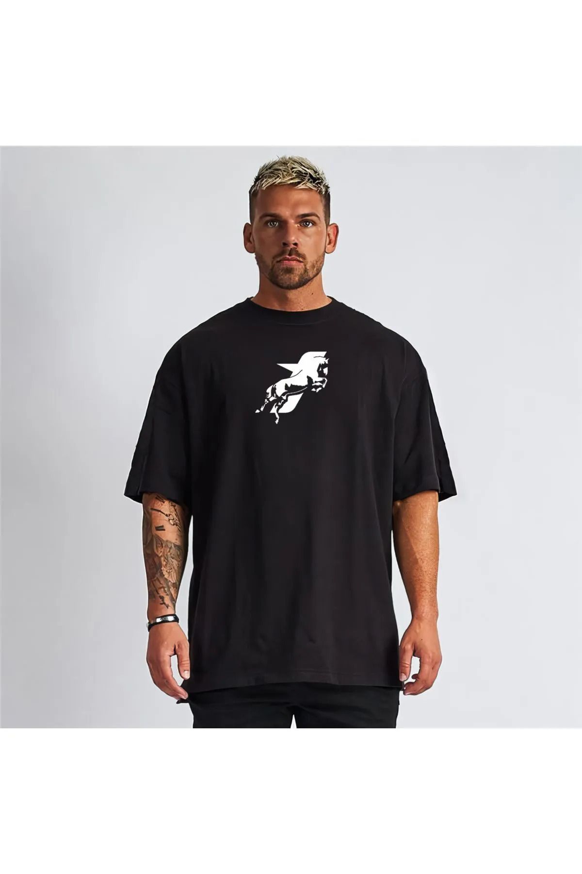 İnazuma Outdoors İnazuma Unisex Oversize Baskılı Pamuklu Bisiklet Yaka Kısa Kollu SİYAH T-shirt
